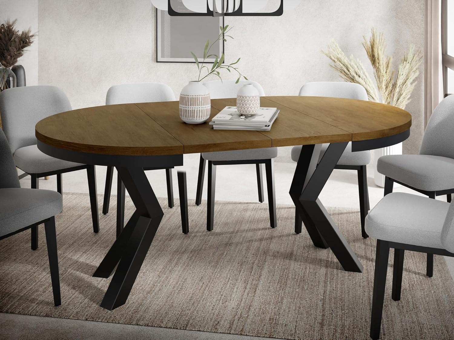 WFL GROUP Runder Ausziehbarer Esstisch im Loft-Stil - Industrieller Tisch mit Schwarzen Metallbeinen - Platzsparender Tisch für Wohnzimmer - Lefkas Eiche - 100 bis 180 cm