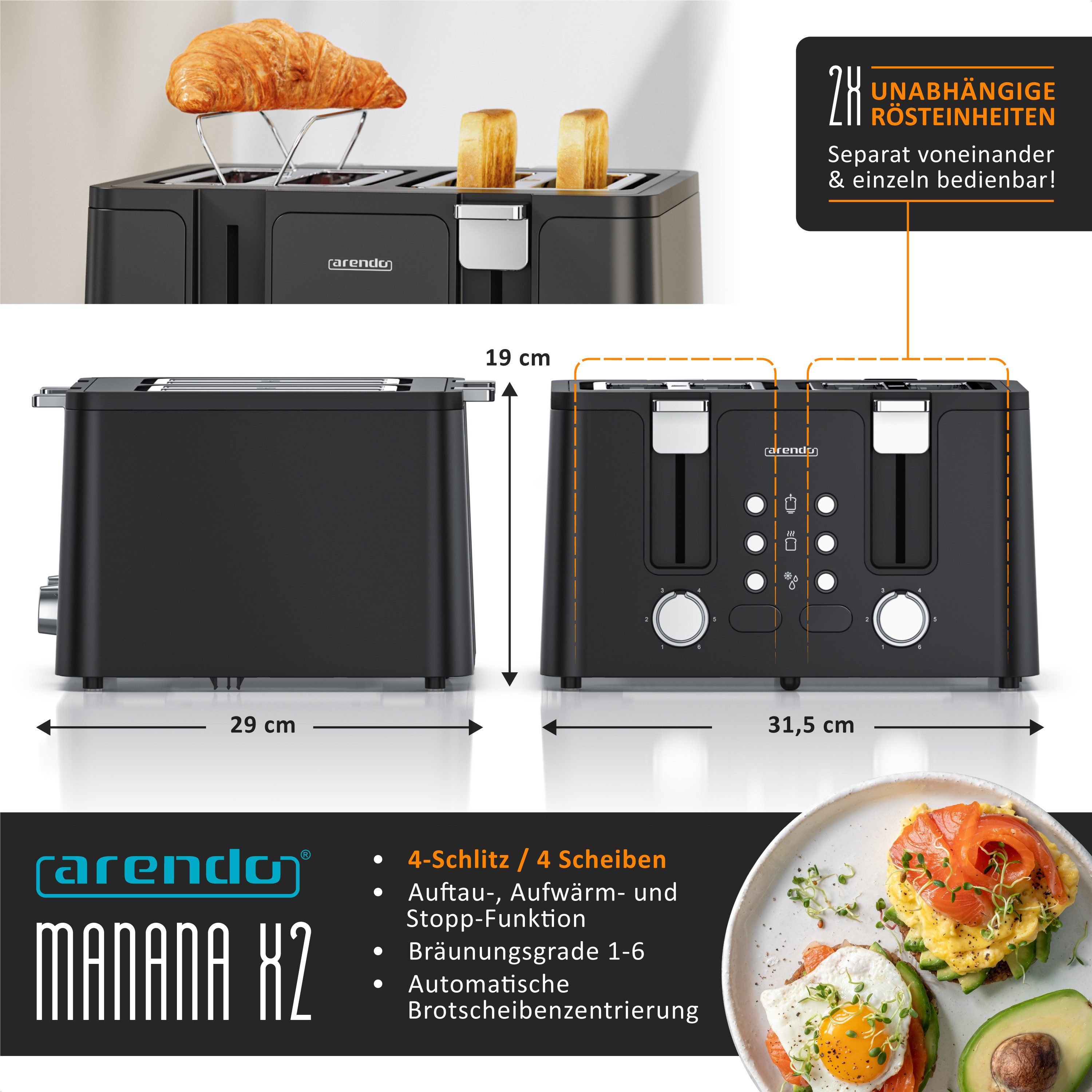 Toaster Edelstahl, Brötchenaufsatz, Restzeitanzeige, Schwarz