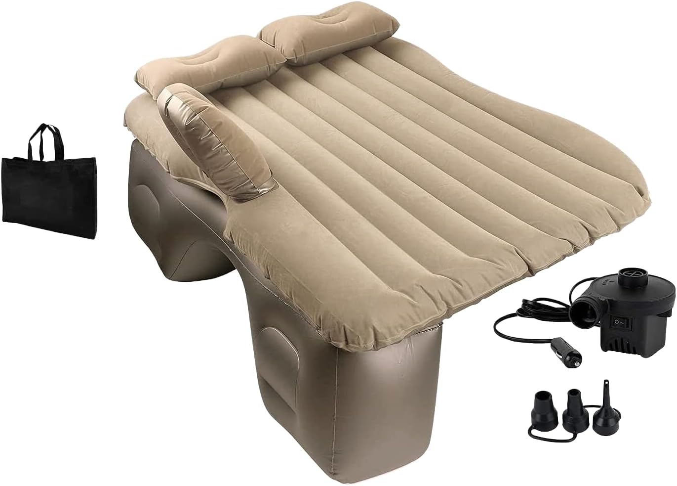 EDIESI, Materasso Auto, Materasso Gonfiabile, Letto Gonfiabile, Materassino per il Sedile dell’auto, con la Pompa di Aria Elettrica 12V e 3 Adattatori. (Beige)