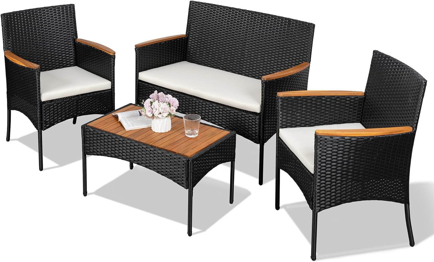 Shintenchi 4-Piece Patio Furniture Set, Outdoor Wicker Patio Conversation Furniture Set with Cushions and Wooden Tabletop