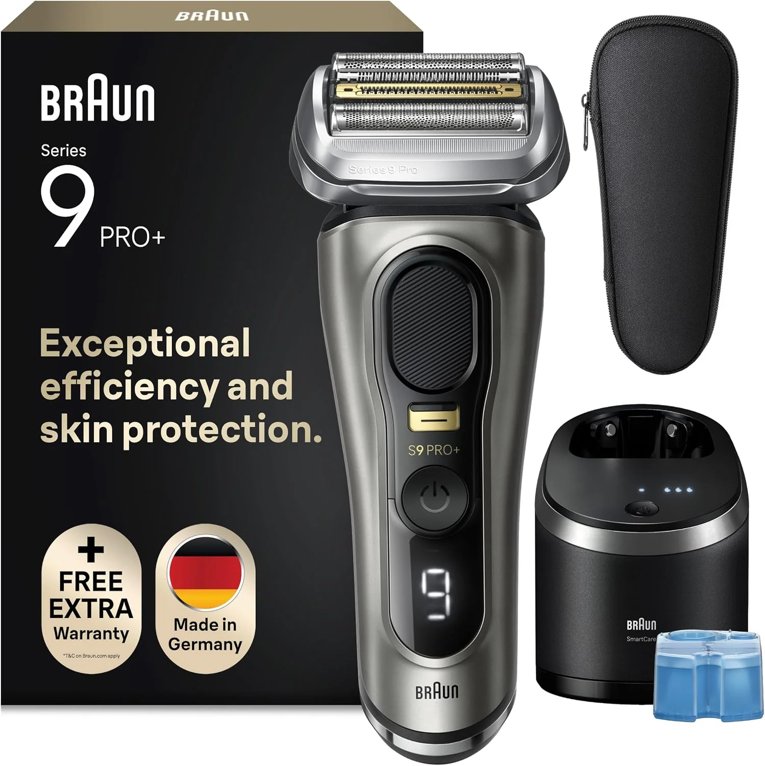 Braun Elektrorasierer, Braun, Series 9 Pro+ Rasierer Herren Elektrisch, mit 5 Pro Rasierelementen, Langhaarschneider ProTrimmer & Reinigungsstation
