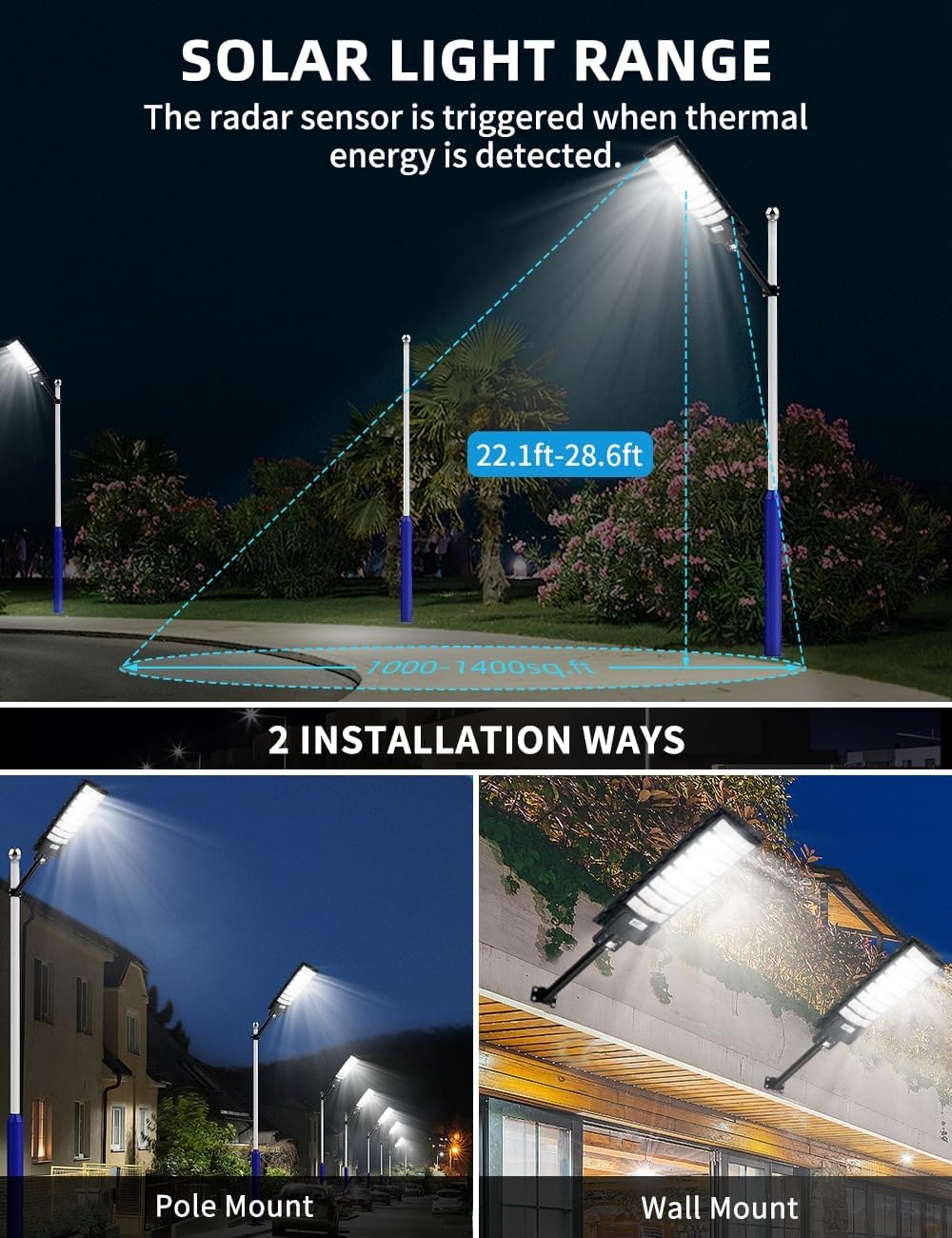 Sararoom 800W Solar Straßenlaterne, 720 LED Strassenlaterne Außenleuchte, Solarlampen Außen mit Bewegungsmelder - 4er 6500K IP65 Wasserdicht Solarstrahler Sicherheitsleuchte für Garten Garage Hof Wege