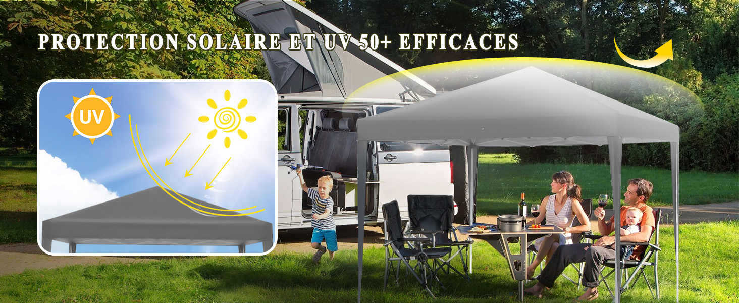 una tenda da campeggio per famiglie con una tenda e un bambino che salta in aria