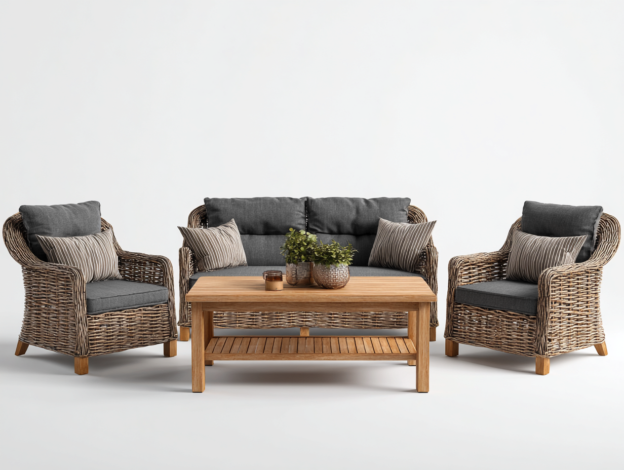 Salon de jardin in rattan marrone con cuscini grigio scuro - per giardino e terrazza - stile outdoor moderno