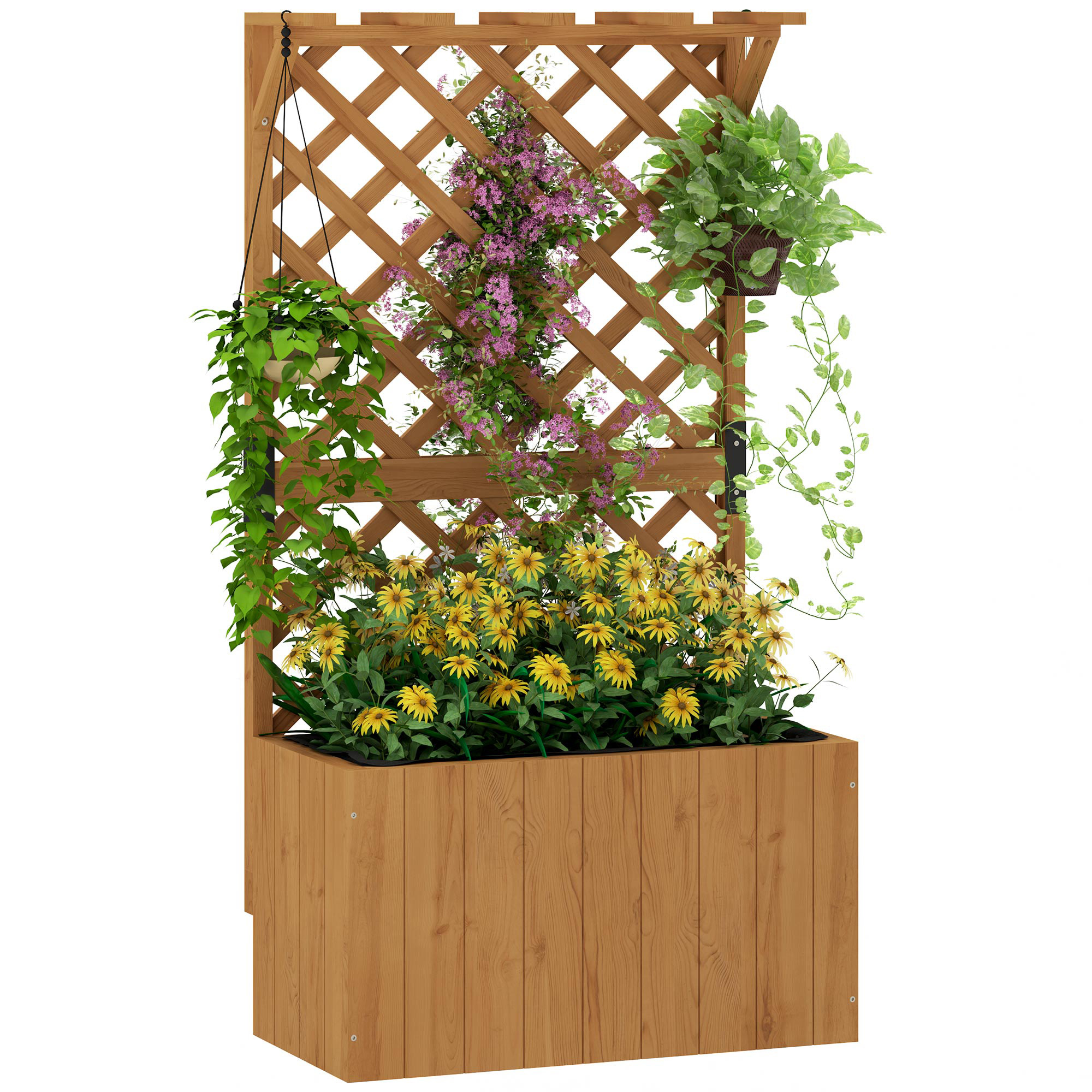 Outsunny Hochbeet Pflanzkasten mit Rankgitter, Spalier Pflanzkübel Blumenkasten Holz, Gartenspalier 64 x 33 x 122cm Naturholz