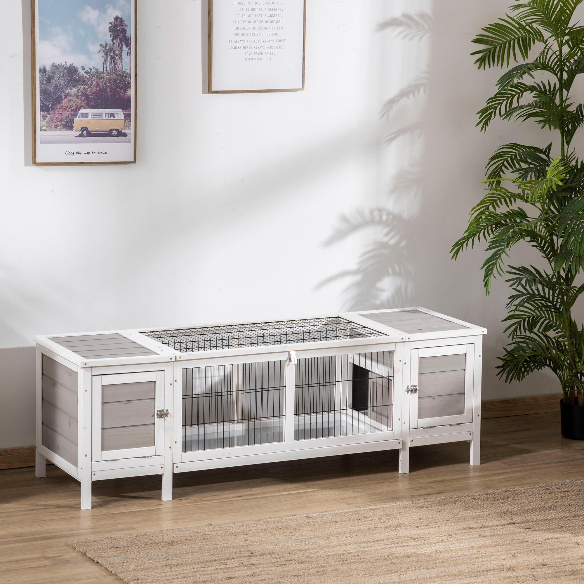 PawHut Kleintierstall Kleintierkäfig mit Bodenwanne Kleintierhaus mit Laufbox Stall Tannenholz Outdoor Weiß+Grau 161 x 50,5 x 53,3 cm
