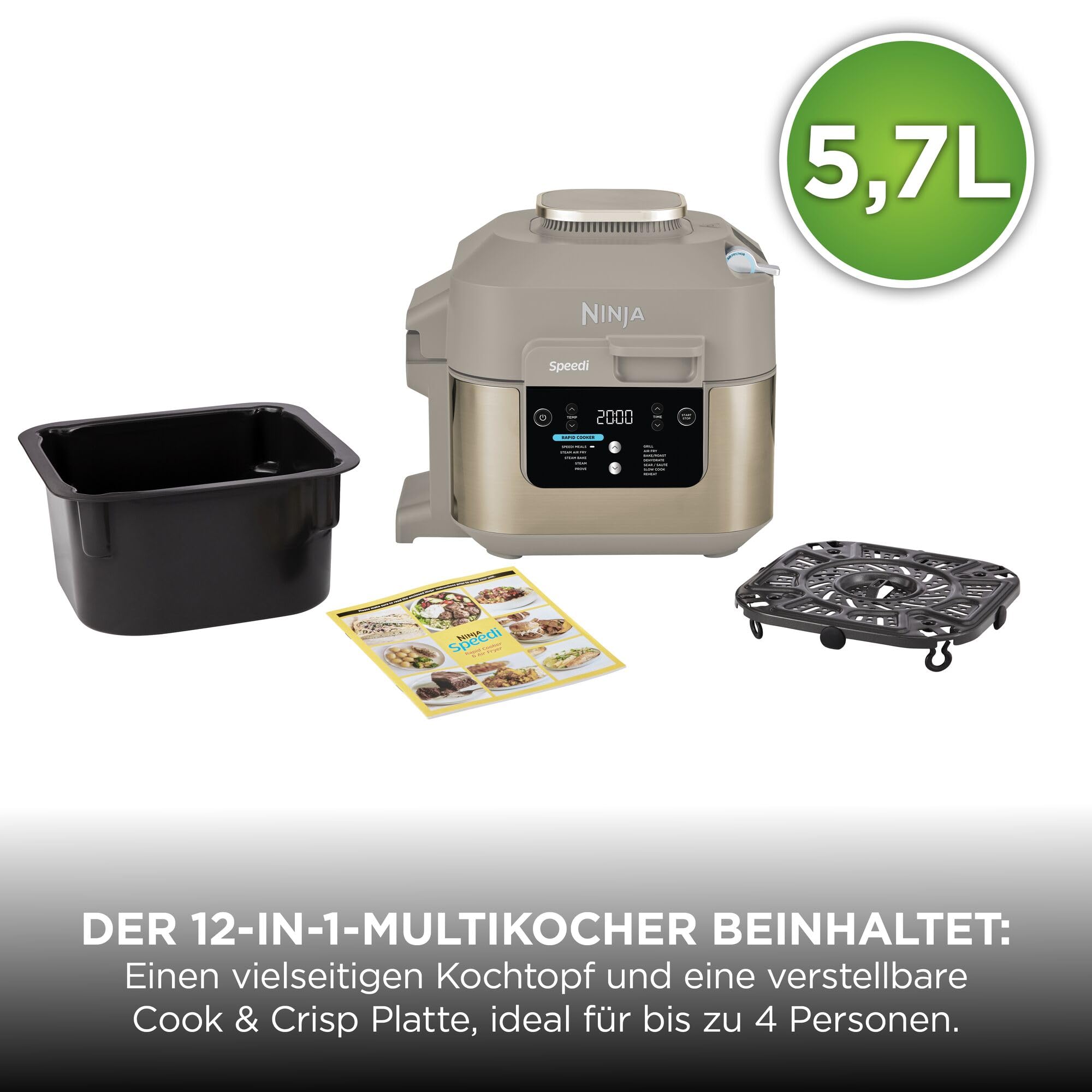 Multikocher und Heißluftfritteuse 5,7 l 12-in-1 mit Dampfgarfunktion Heißluft-Frittieren Backen Grillen Stone Gold