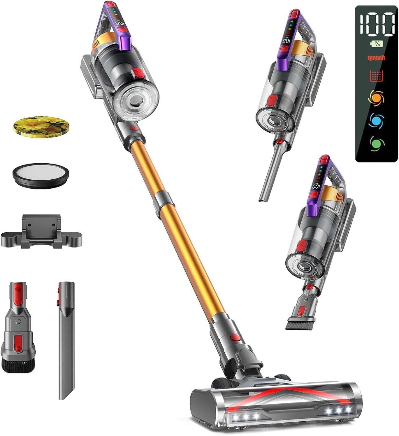Wireless Vacuum Cleaner, 550W/45KPA 70 Mins, Wireless Electric Broom with Double Handle, Tangle-free Vertical Vacuum Cleaner with LED Display, Highly Suitable for Carpets/Floors/Hair