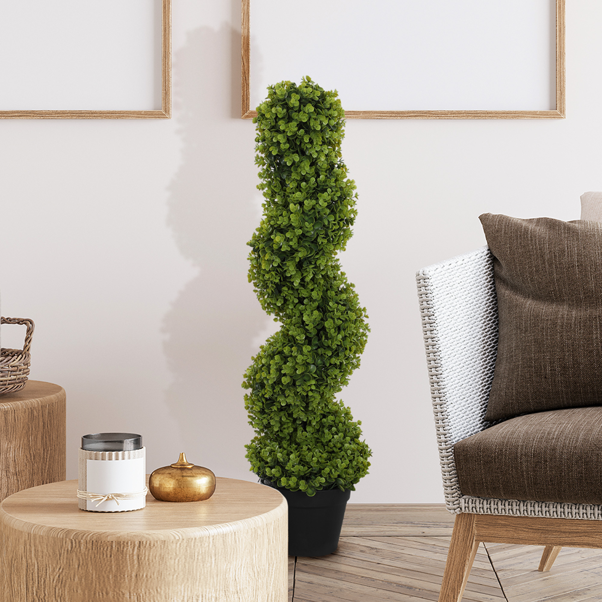 HOMCOM Künstlicher Eukalyptus-Spiralbaum mit inkludiertem Topf für Innen- und Außenbereich, Höhe 90 cm, Grün
