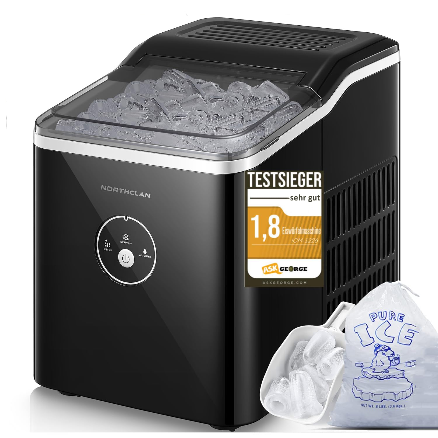 Eiswürfelmaschine Testsieger 2025, 14 kg 24 Stunden, 9 Eiswürfel in 6-8 Minuten, Gerauscharmer Betrieb, 120W Ice Maker mit Schaufel u. Korb, Eiswürfelbereiter für Zuhause, Büro (Dunkelgrau)
