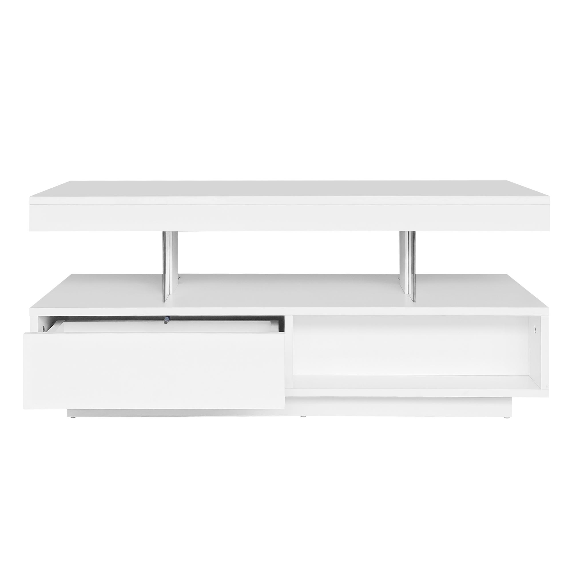 Weißer Hochglanz-Couchtisch mit 4 Glaseinsätzen, 2 Schubladen und 2 offenen Fächern, Weiß