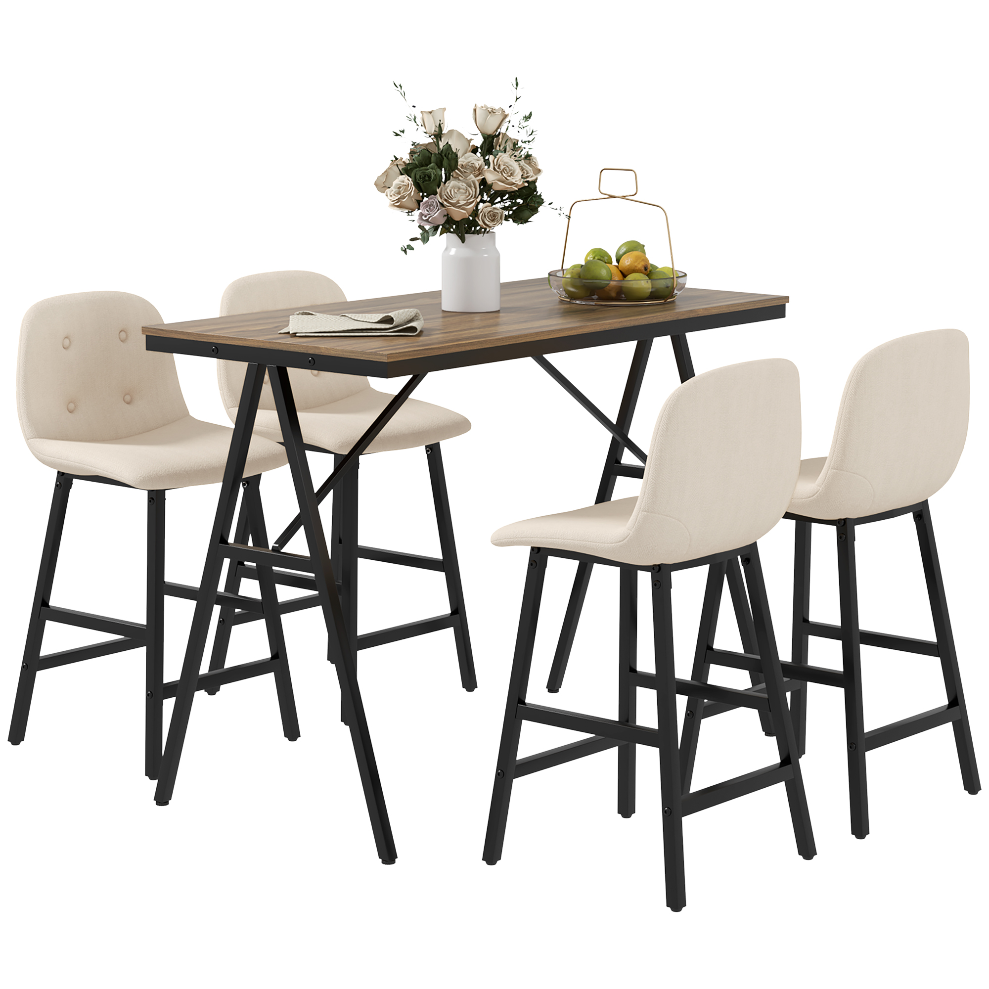 HOMCOM Bargarnitur 5-teilig, Tisch und 4 Stühle, Knopfheftung, dicke Polsterung, Leinenoptik, Beige