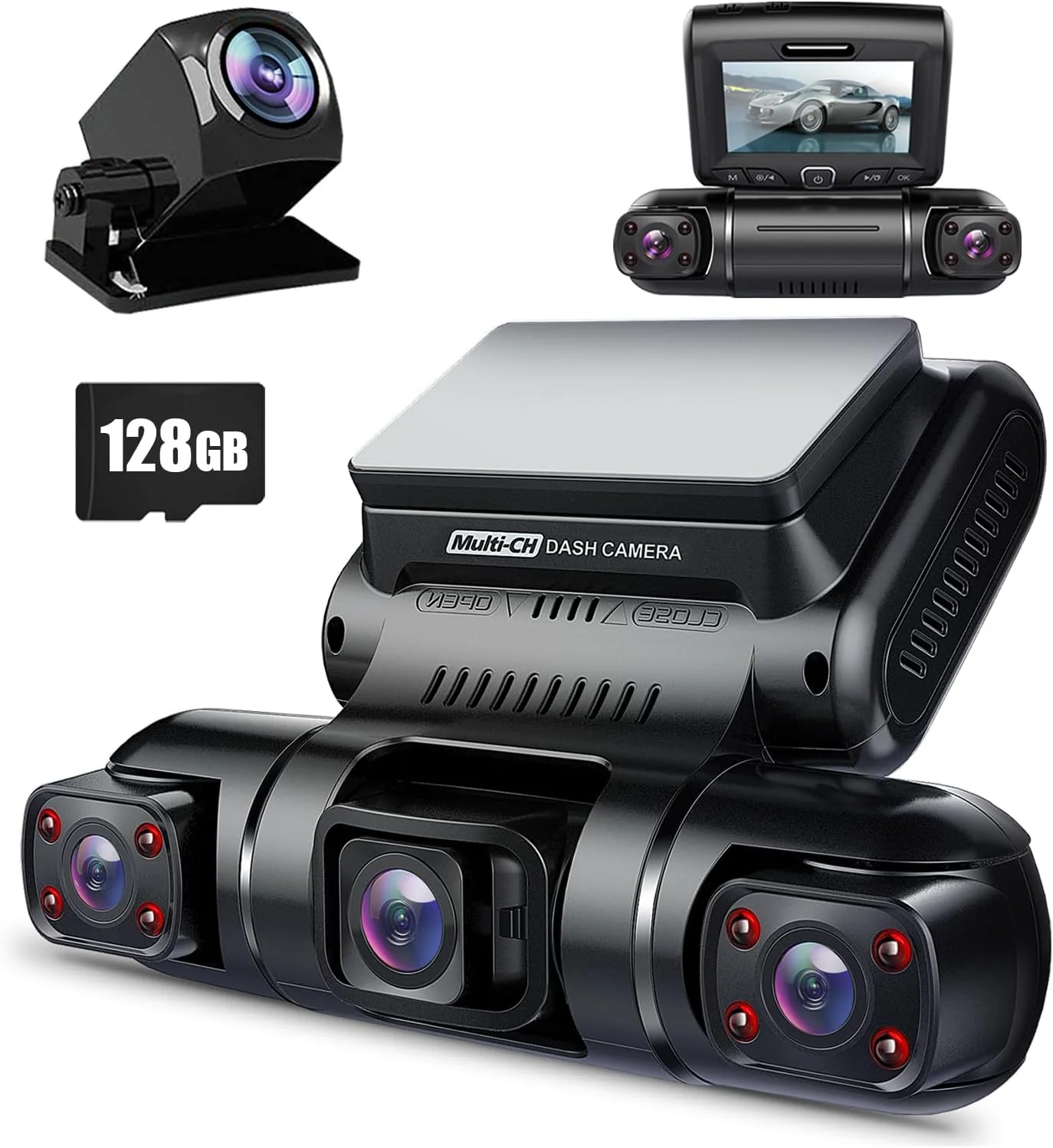 PRUVEEO 360-degree view car dash cam, built-in GPS WiFi night vision, 24/7 all-weather recording parking mode monitor, free 128G card