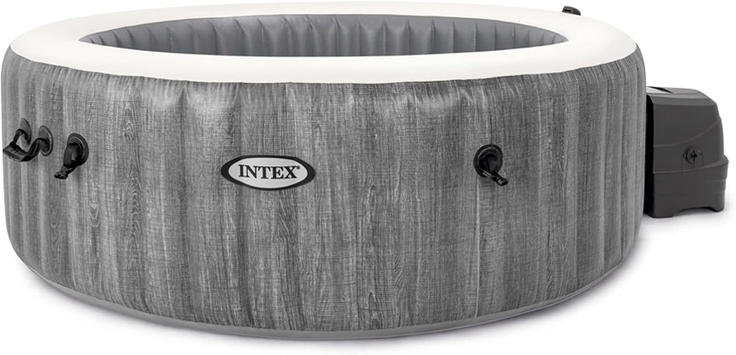 Intex 28440EX - PureSpa Vasca Idromassaggio Gonfiabile Greywood Deluxe, 4 posti, 140 Getti, Riscaldatore, PVC, Grigio, 196x71 cm