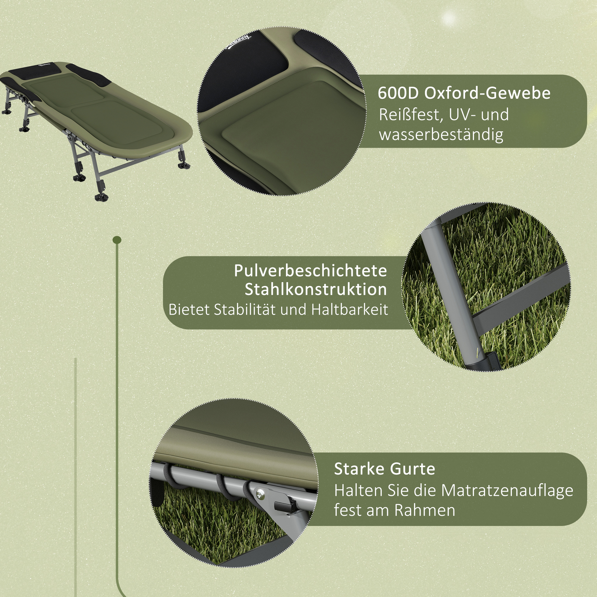 Outsunny Campingbed Ligbed Veldbed, 200 x 85 x 40-55 cm, Waterbestendig Groen