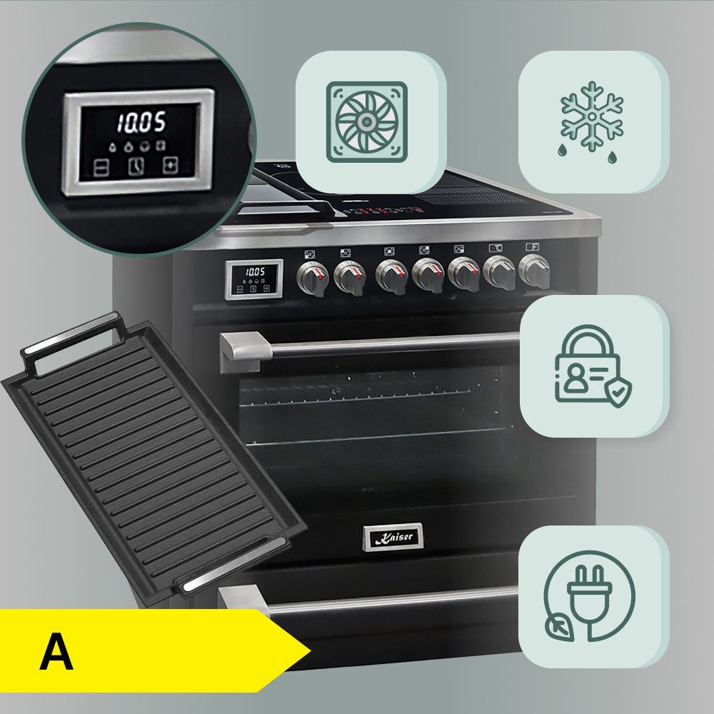 Induktions Herd-Set Elektro Standherd mit Induktionskochfeld 90 cm, 115 L,Schwarz +Dunstabzugshaube 90 cm, 1250 m3/h++Grillplatte HC 93691 IS+AT 9343+Grillplatte