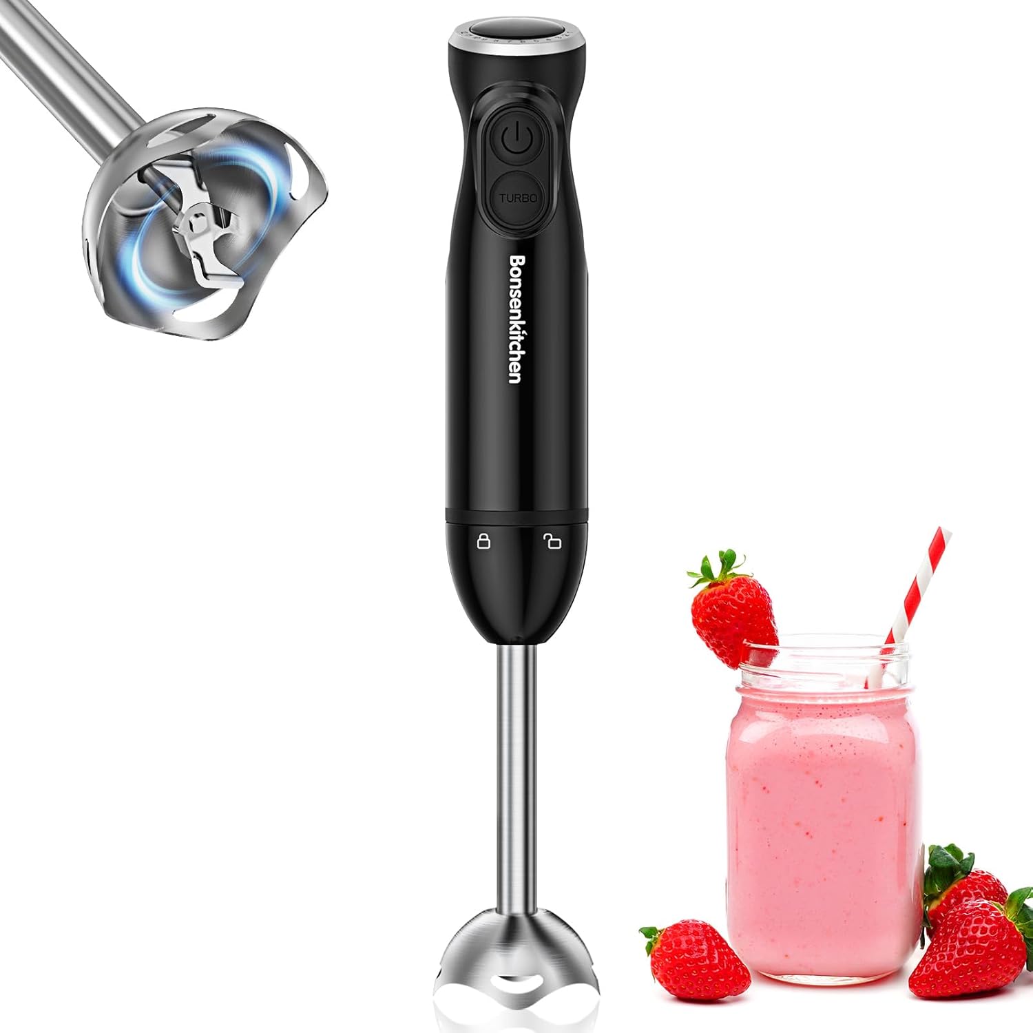 Bonsenkitchen Frullatore a Immersione Multifunzione 4 in 1, Minipimer in Acciaio Inox, 1000 W, 20 Velocità Regolabili, con Frusta, Tritatutto da 500 ml e Misurino da 700 ml, HB3203