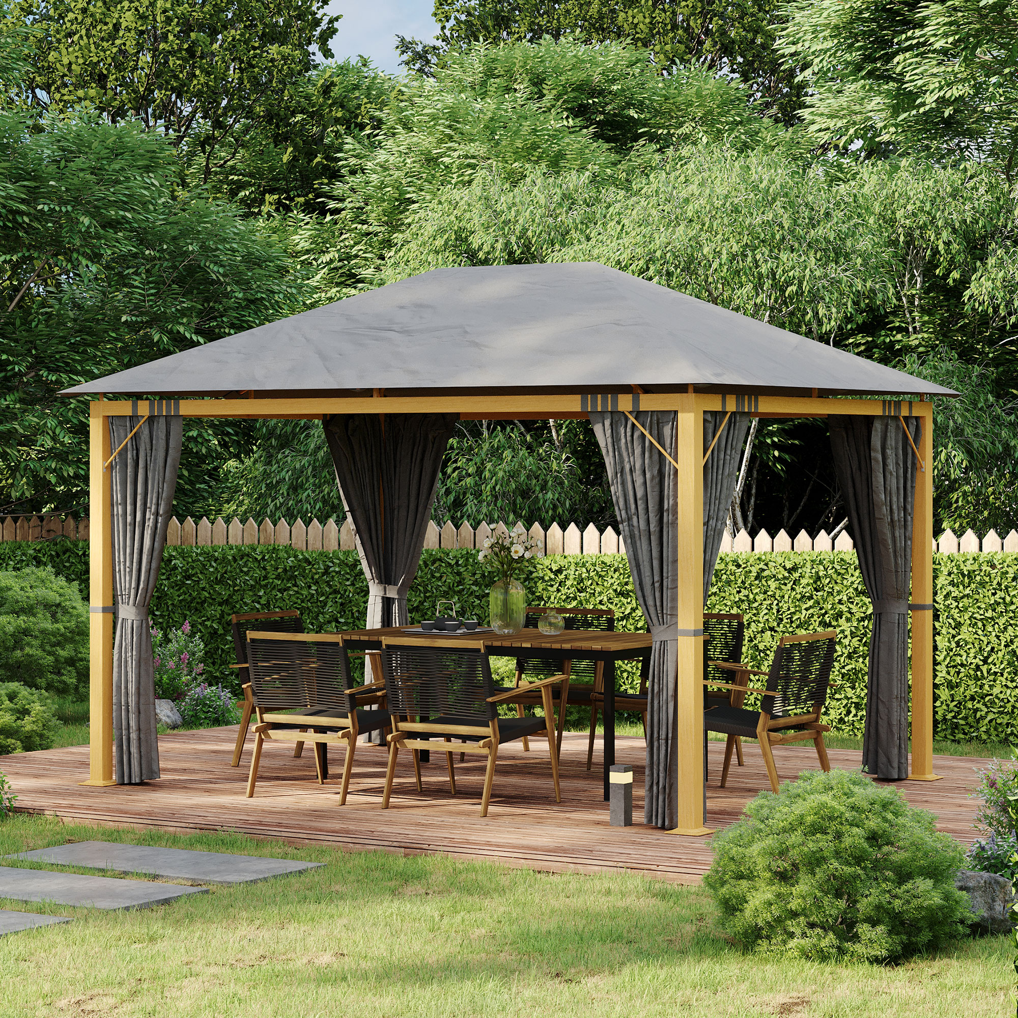 Outsunny Rechteckiger Gartenpavillon mit Vorhängen und Polyesterdach 4 x 3 m - Aluminiumgestell