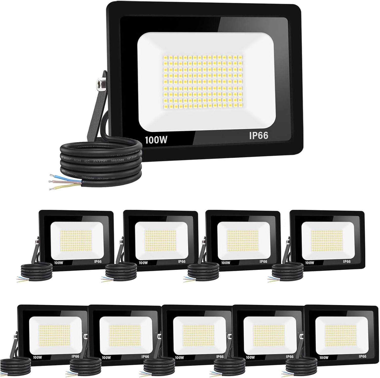 10PCS LED Strahler Außen 100W Superhell, IP66 Wasserdicht Fluter 10000LM, 6000K Kaltweiß Außenstrahler für Garten, Innenhöfe, Garage, Hotel, Sportplatz