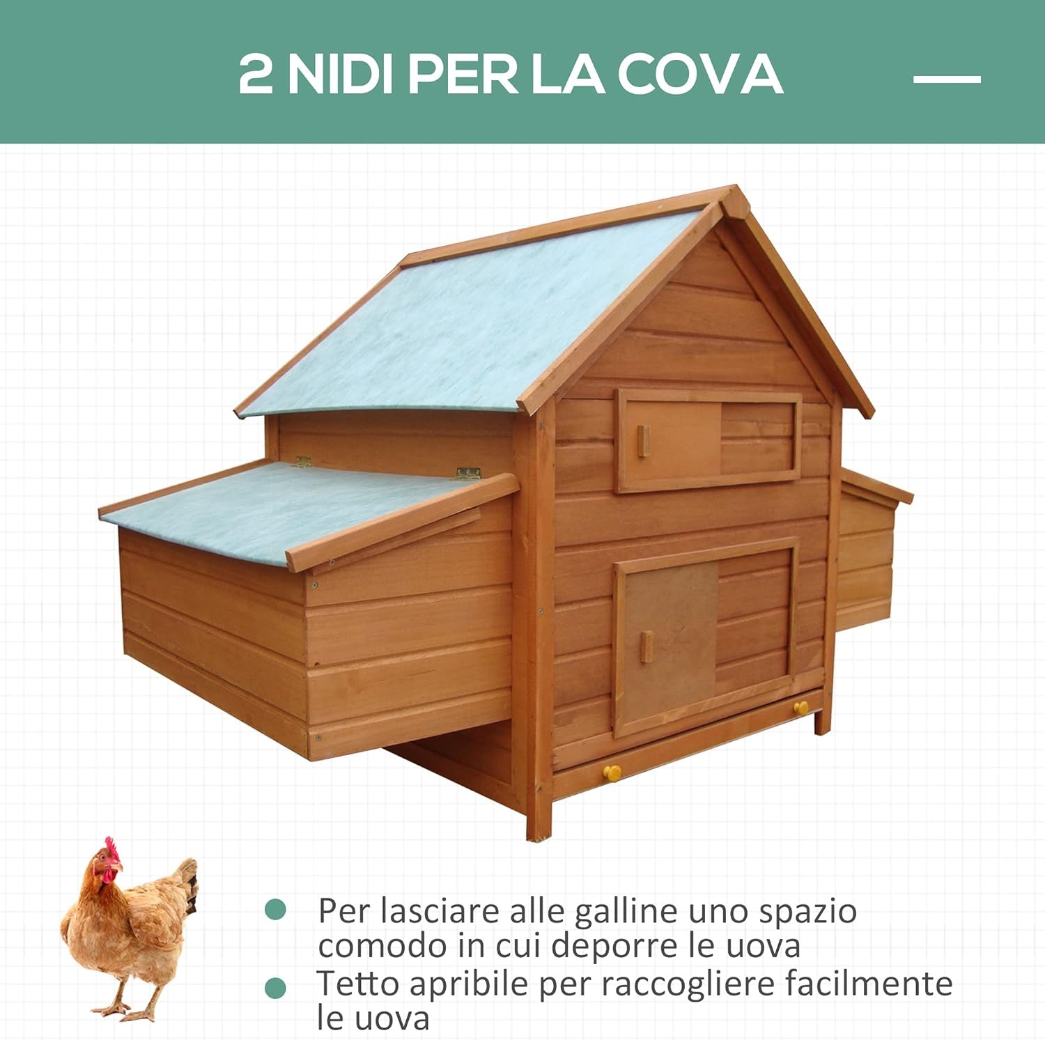 PawHut Pollaio da giardino Gabbia per Galline in Abete, legno e verde, 160x98.5x107cm