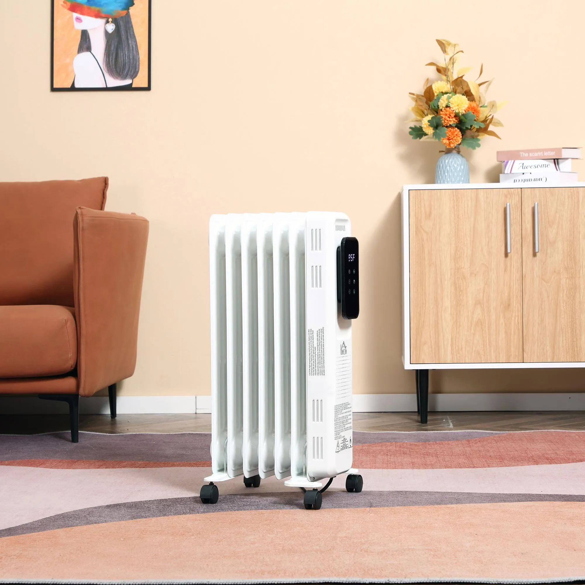 Carevas 1500W 7 Fin Oil Filled Radiator Electric Space w/ Remote & Wheels, White