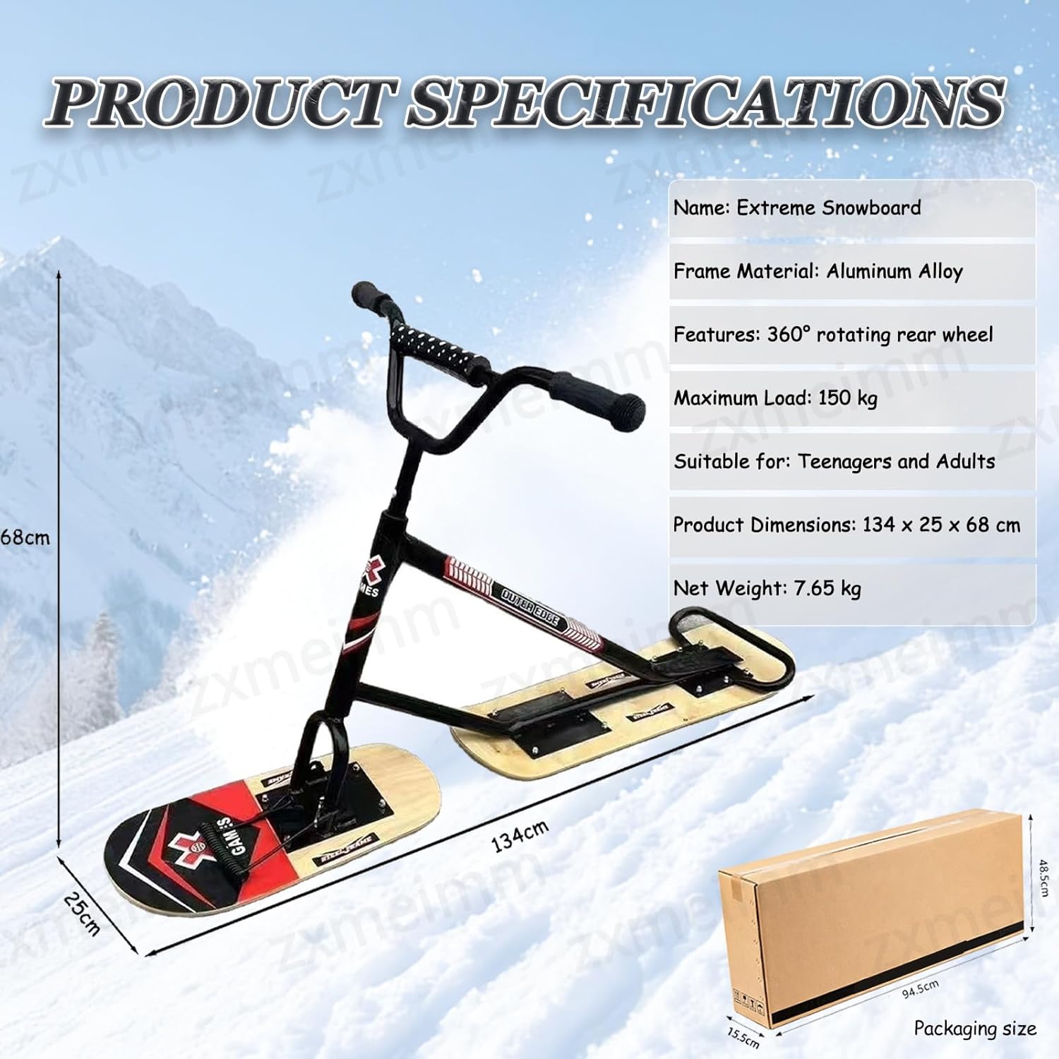 Professioneller Schneescooter für Erwachsene,360°-Lenk-Snowboard-Schlitten mit Aluminiumrahmen, 150 kg Traglast, All-Terrain-Performance für Wintersportbegeisterte Black