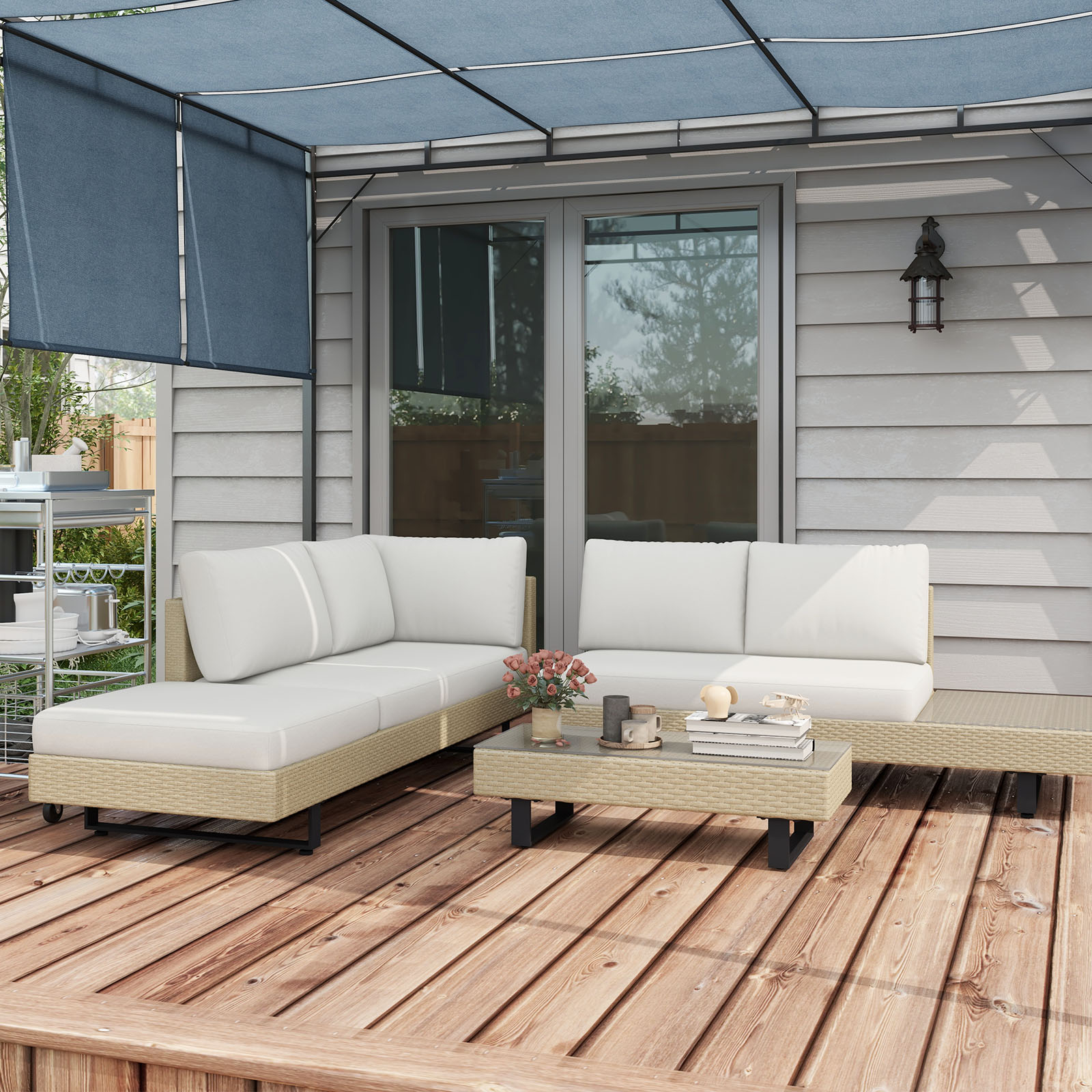 Outsunny Ecksofa-Set für 5 Personen modernes Design, abnehmbare Kissen, Couchtisch aus Epoxy-beschichtetem Stahl, beige Rattanimitat Geflecht