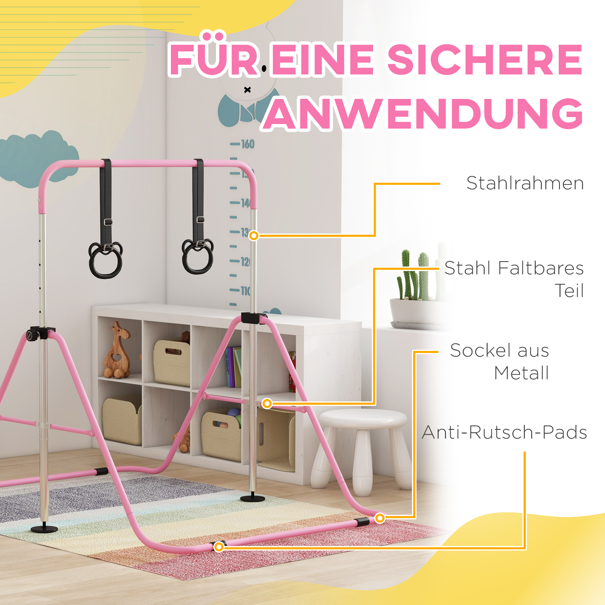 Kinderturnbar met Ringen, Hoogteverstelbaar, Opvouwbaar, Antislip, Stalen Frame, 148x105x88-128 cm, Roze