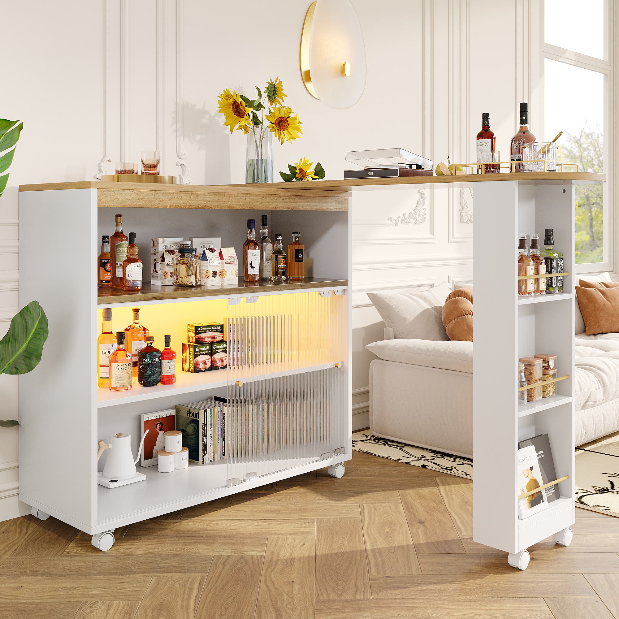 Ausziehbarer Bartisch mit Stauraum, Moderner Beweglicher Bartisch, Teleskopischer Bartisch mit LED, 138-204×39×105cm, Weiß