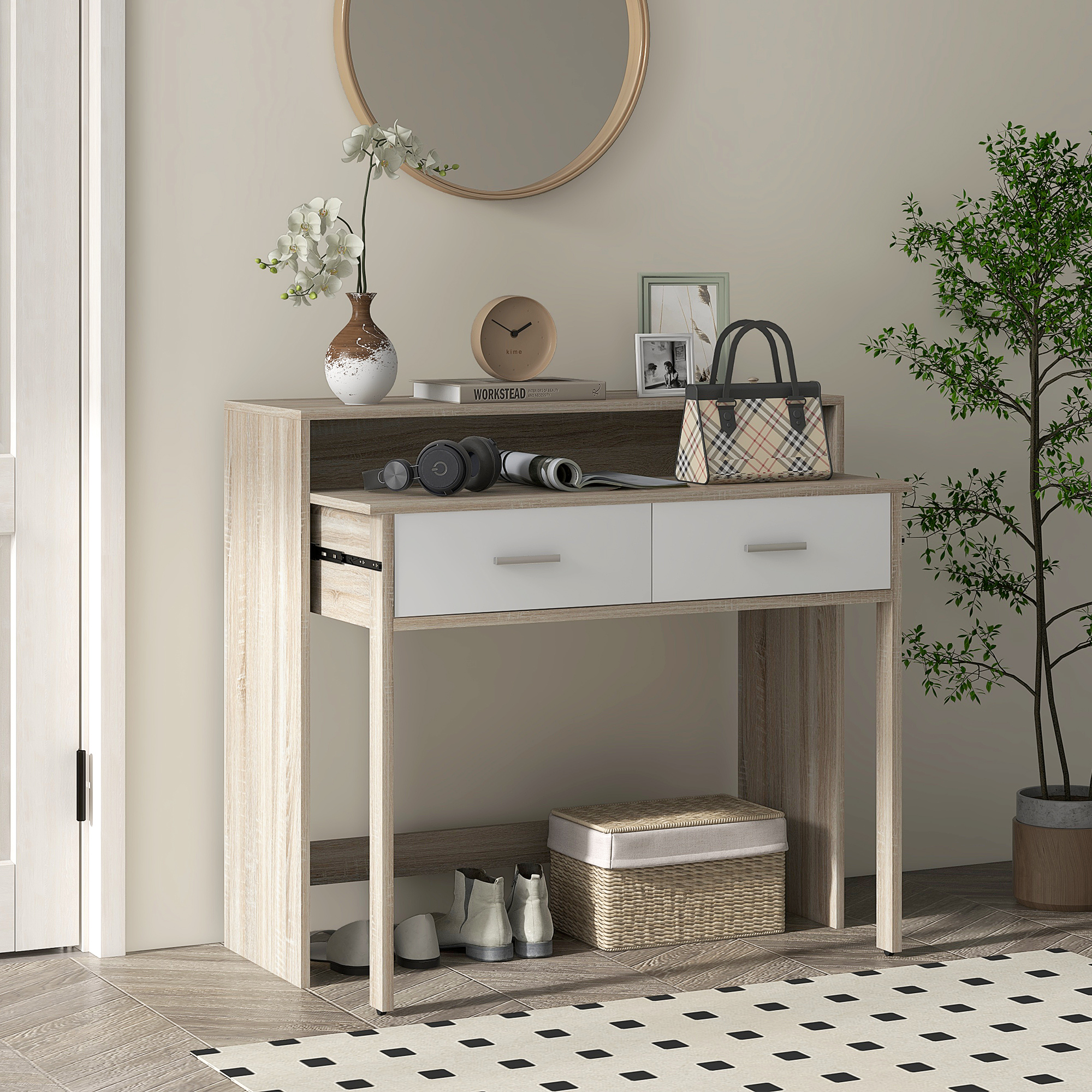 HOMCOM Konsolentisch mit ausziehbarem Plateau und 2 Schubladen, Flurtisch mit Aufbewahrung, 95l x 35B x 87H cm, Eichenoptik