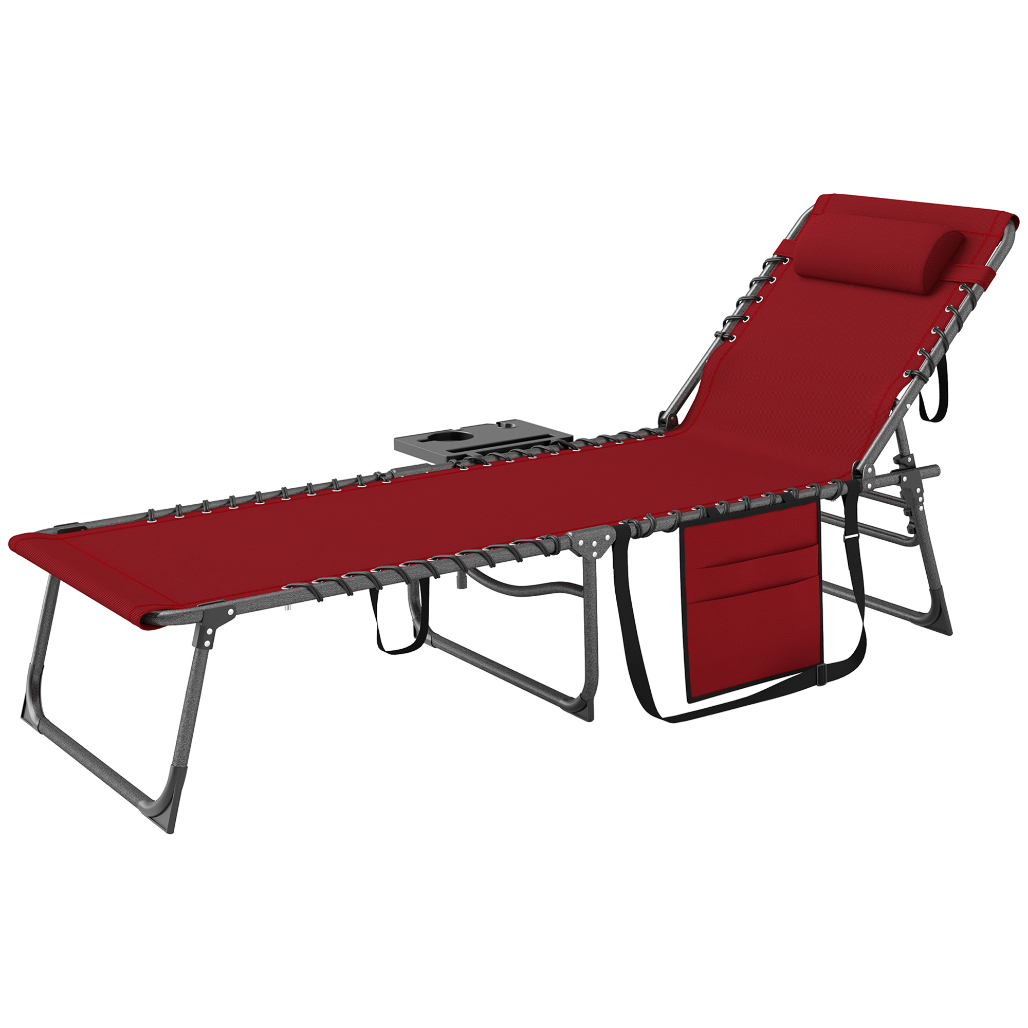 Outsunny Sonnenliege klappbar verstellbare Rückenlehne auf 5 Ebenen, Tablett, Kopfkissen, Seitentasche 60x190x31cm, Rot
