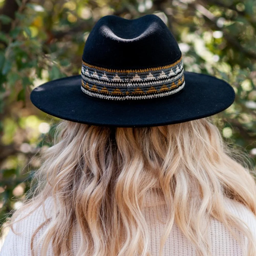 Black Felt Fedora Wide Brim Hat with Woven Braid Band �C Designed in France, Made in Italy