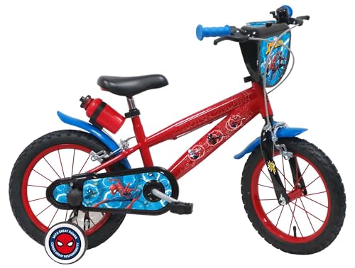 albri, bicicletta scudo anteriore, borraccia e stabilizzatori laterali di Spiderman misura 14 pollici Unisex bambini, rosso, piccola : Giochi e giocattoli