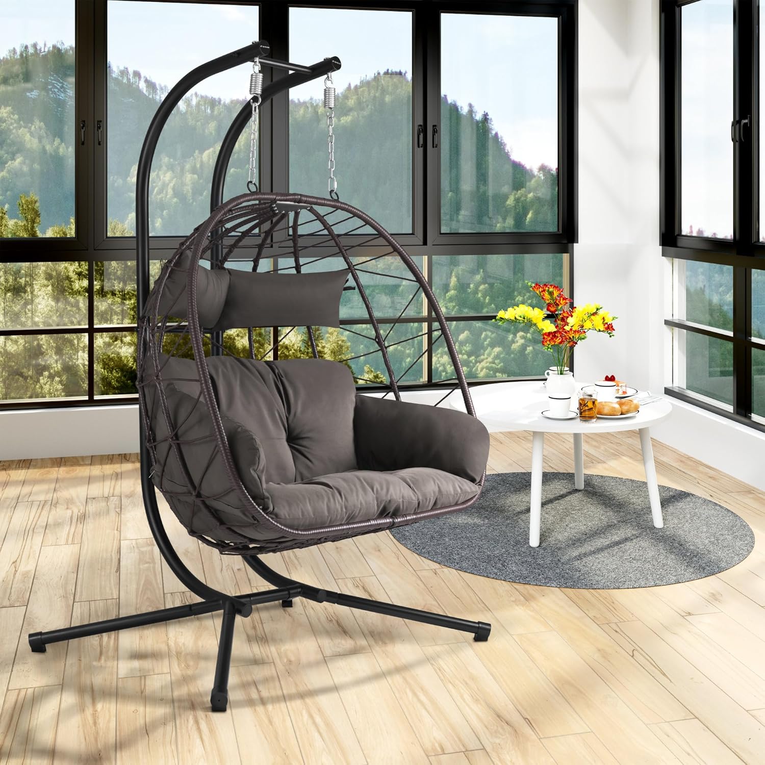 Hanging Chair for 2 People with Support | Brown | XXL Swing for Indoor and Outdoor | Cushion and Cushion Included | Two Seater Chair, Wicker Chair