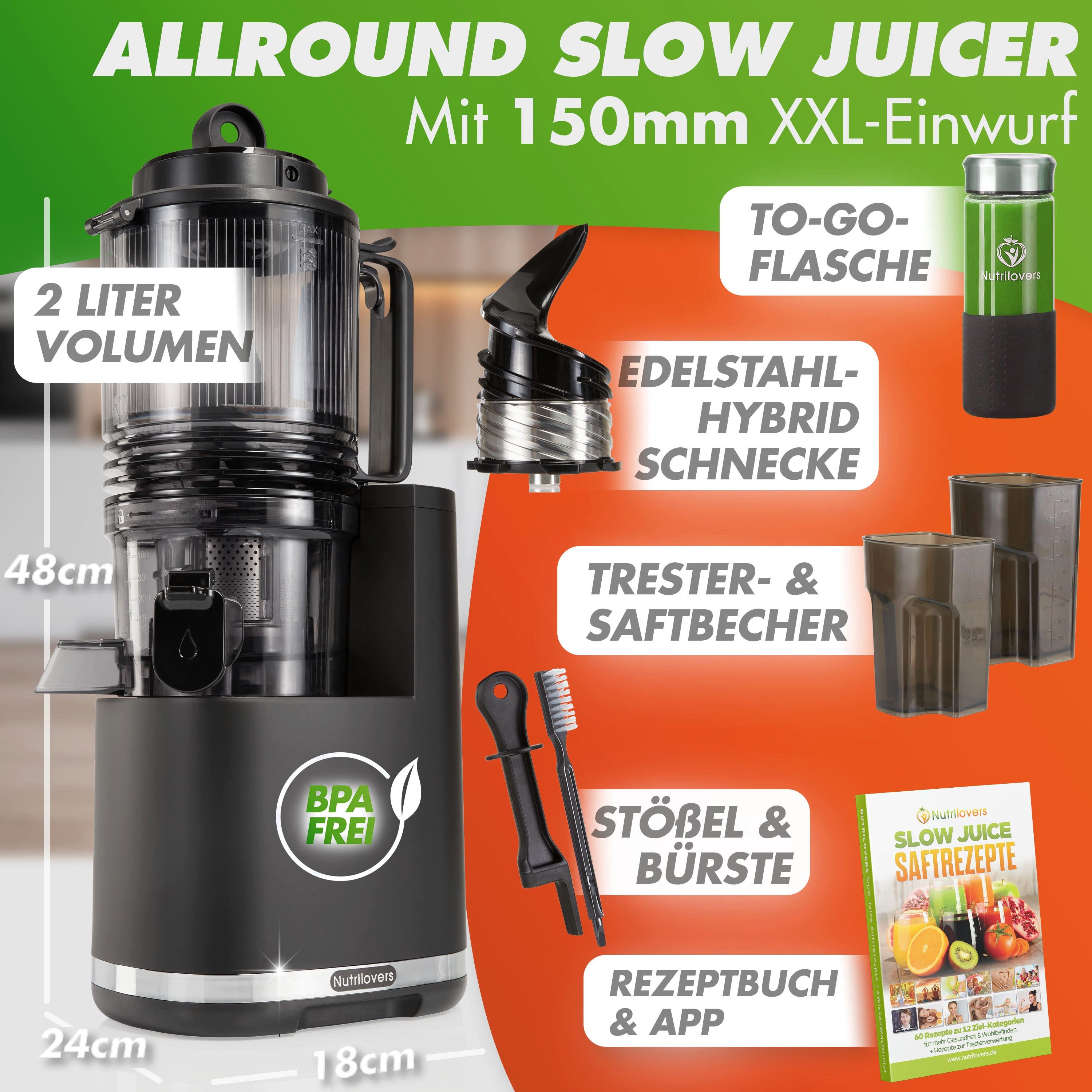 Slow Juicer Nährstoff-Entsafter - Slow Juicer - XXL-Öffnung - Saft für Zuhause