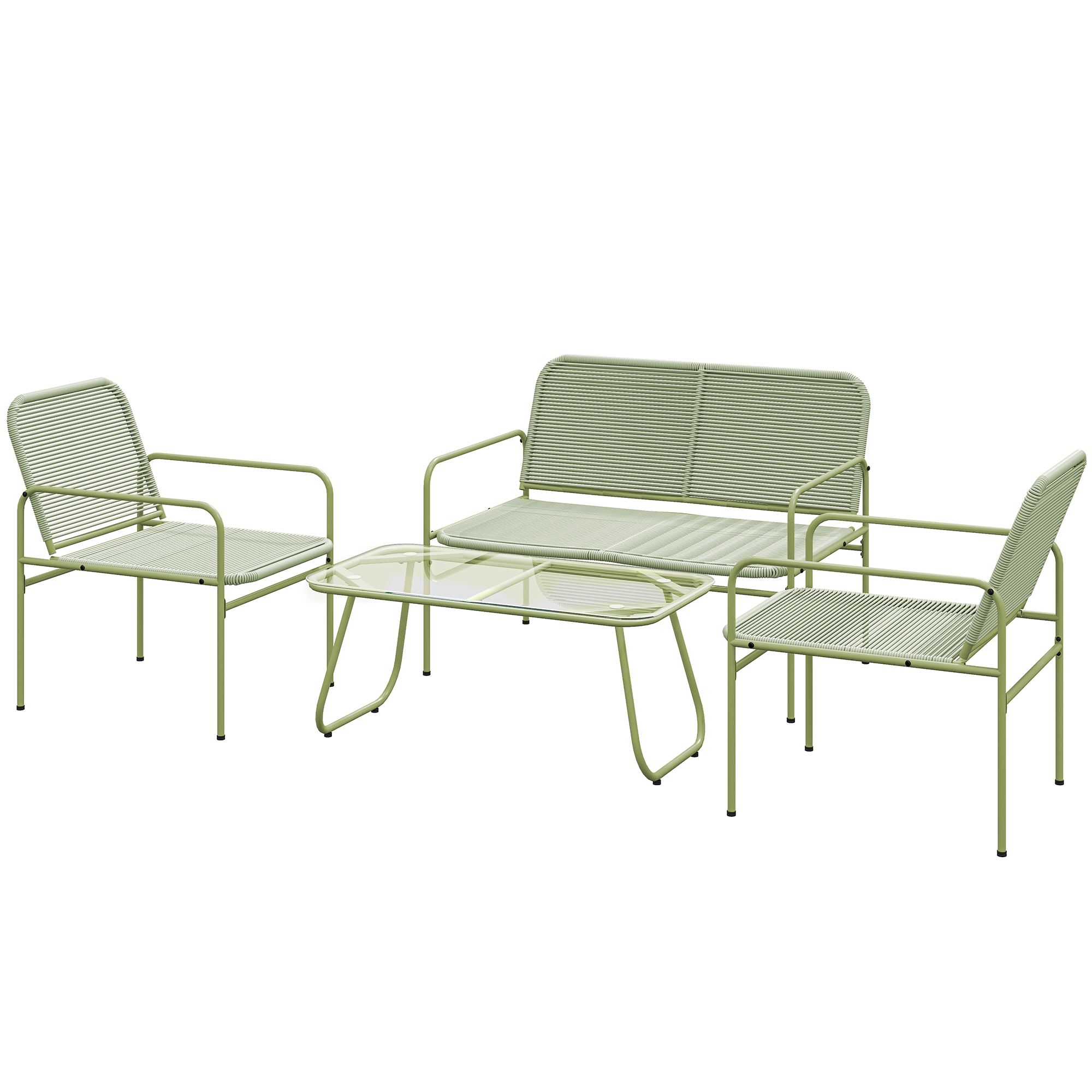 Outsunny Outdoor-Rattan-Loungeset 4-Sitzer, 2-Sitzer-Sofa, 2 Stühle, Tisch aus gehärtetem Glas, Stahlrahmen grün