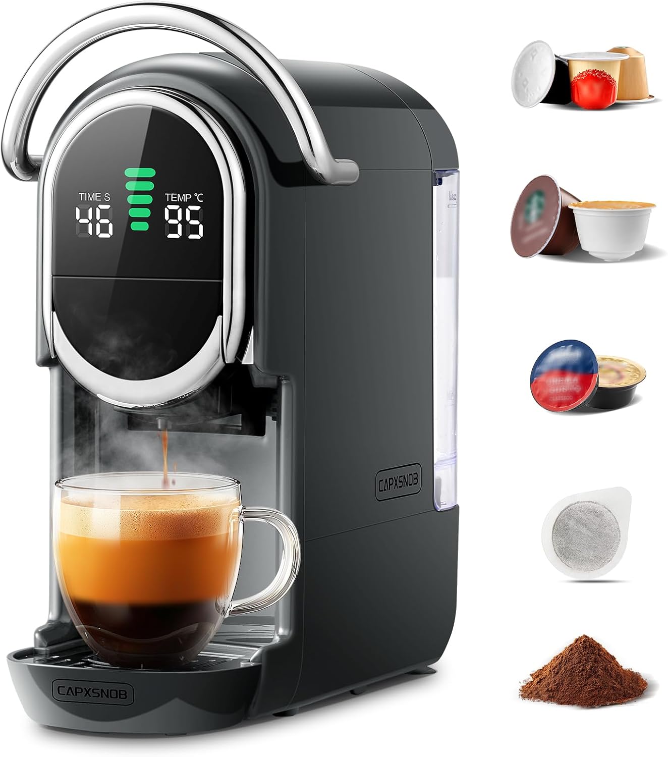 Magician1 Mini Macchina da Caffè Cialde 5in1 per Nespresso Originali, Dolce Gusto, Lavazza A Modo Mio, ESE 44 Cialde e Caffè Macinato, 20 Bar, 1450W, Display LED, Acqua Regolabili 7 Livelli