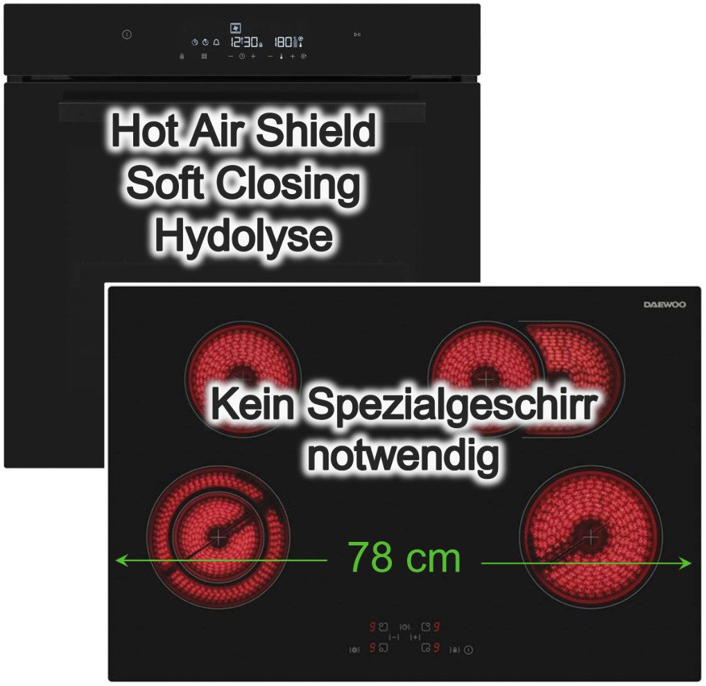 Backofen-Set Schwarz SoftClose 73 L Hydrolyse Full Touch Display Bräterzone