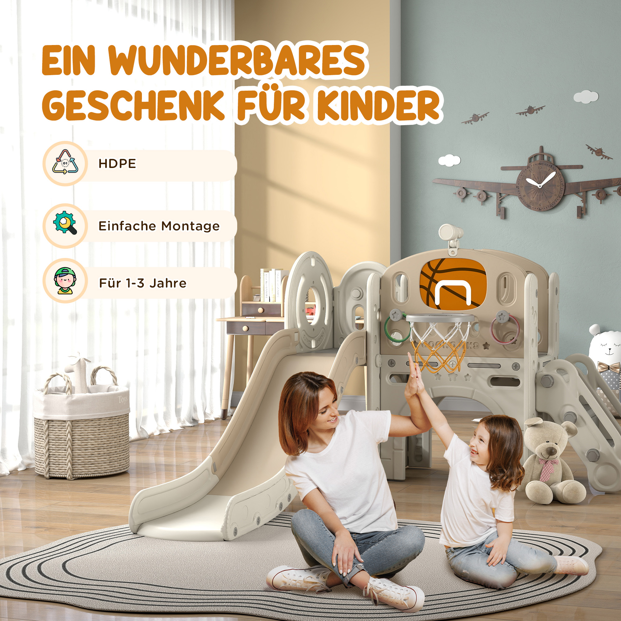 AIYAPLAY Kinder Speeltoestel, 7-in-1 Glijbaan, Binnenspeeltuin met Opslag en Kruipruimte, 186x153x111 cm, Cr��mewit