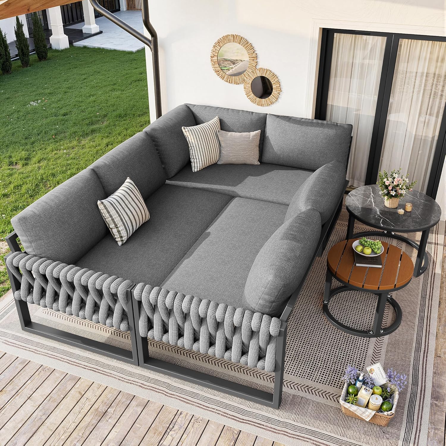 Garten Lounge Set für 5-6 Personen, Ecksofa und Sessel-Sofa mit Höhenverstellbaren Tischbeinen, Abnehmbaren Wasserabweisenden Kissen, Modular für Balkon Garten Terrasse, B - Grau