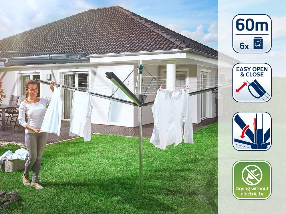Leifheit Wäschespinne Linomatic 600 Plus 60 m Leinenlänge leicht zu öffnen für Garten und Balkon