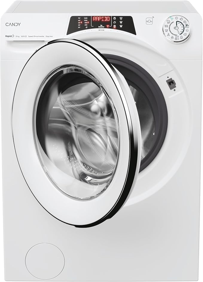 Candy RapidÓ Lavatrice 10 Kg, Libera Installazione, Carica Frontale, Classe A, 1600 Giri, 9 Programmi Rapidi, Funzione Vapore, Wi-Fi + BLE e App hOn, 60 x 58 x 85 cm, Bianca - RO 16106DWMCT/1-S