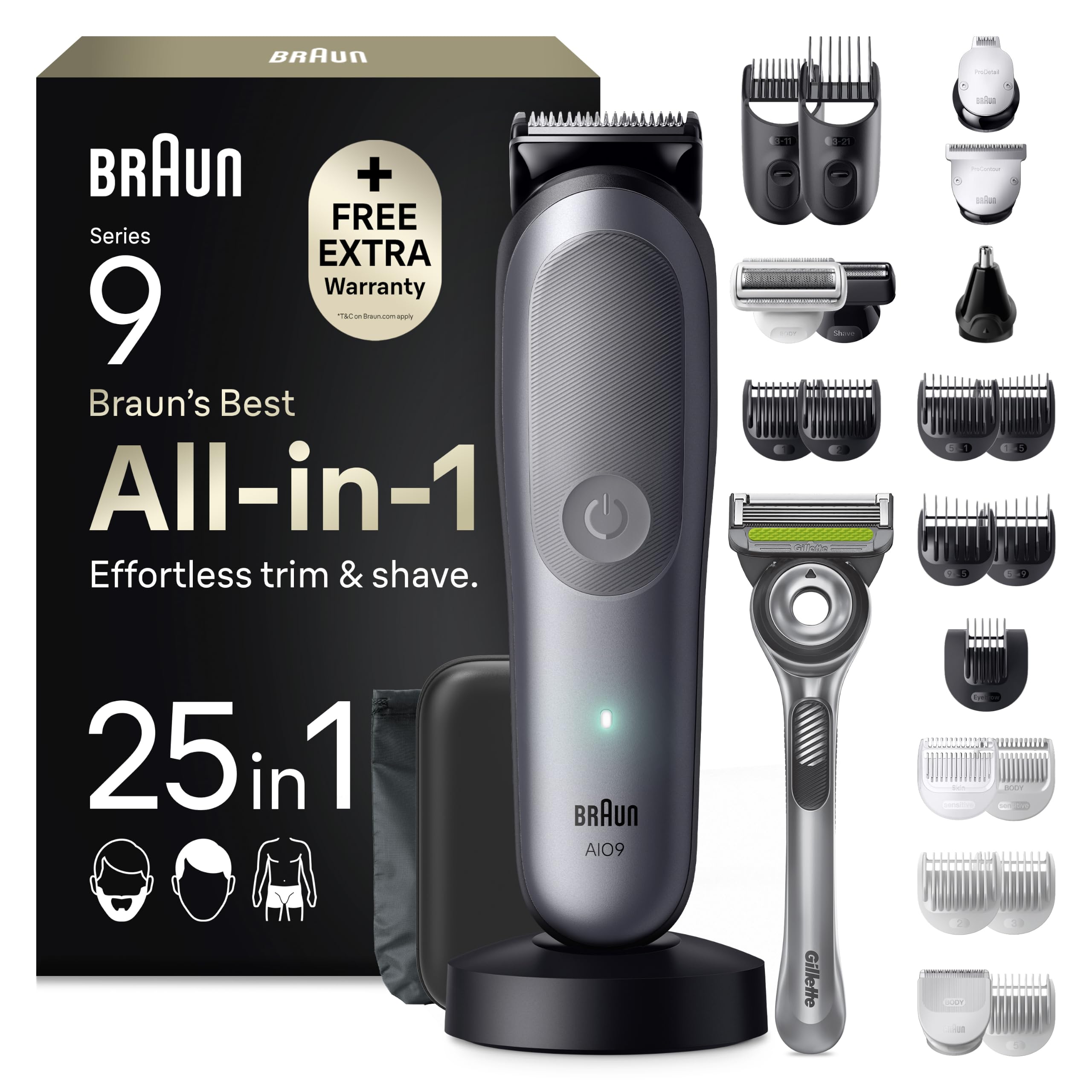 Multigroom All-in-One Series 9 Bart- und Haartrimmer AIO9565 mit 15 Kämmen und 6 Aufsätzen in Grau