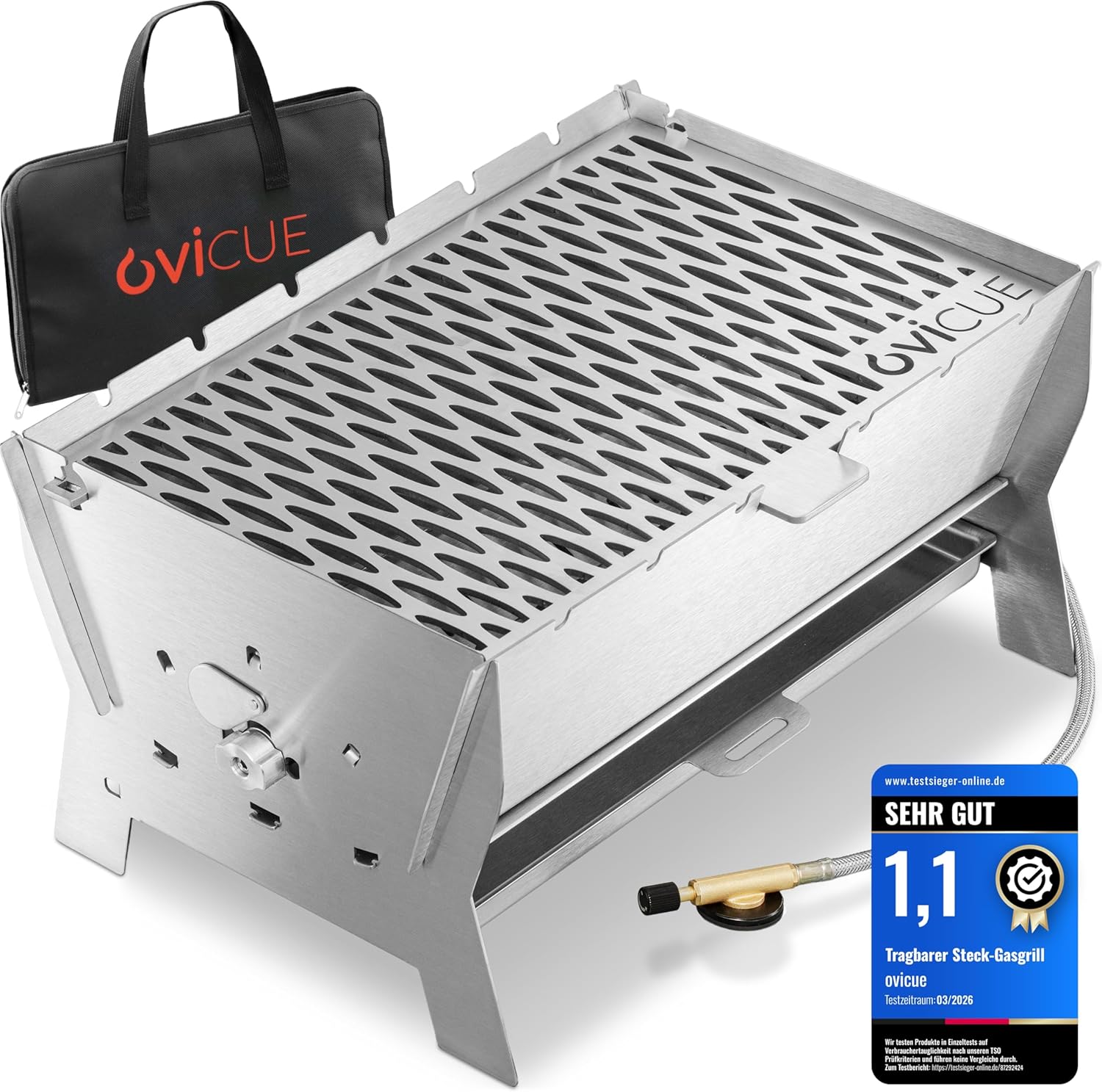 Grill | Mobiler Steck-Gasgrill – Tragbarer Edelstahlgrill mit Stecksystem – Gas- & Holzkohlebetrieb – Inkl. Tragetasche – Perfekt für Camping, Balkon, Garten & Outdoor - Camping Grill