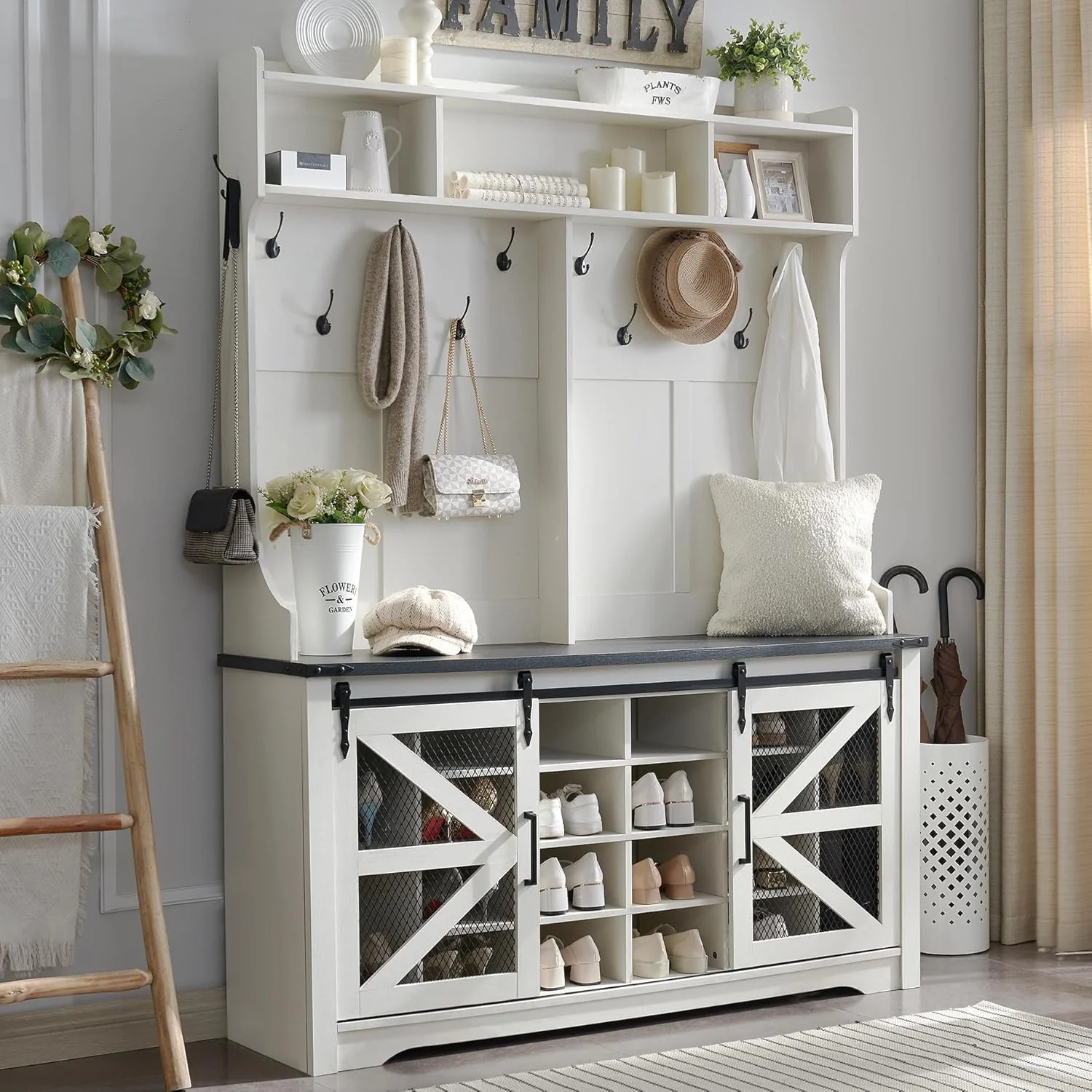 JXQTLINGMU 59-inch Farmhouse Foyer Tree with Shoe Storage, Entryway Bench Foyer Coat Rack Cabinet