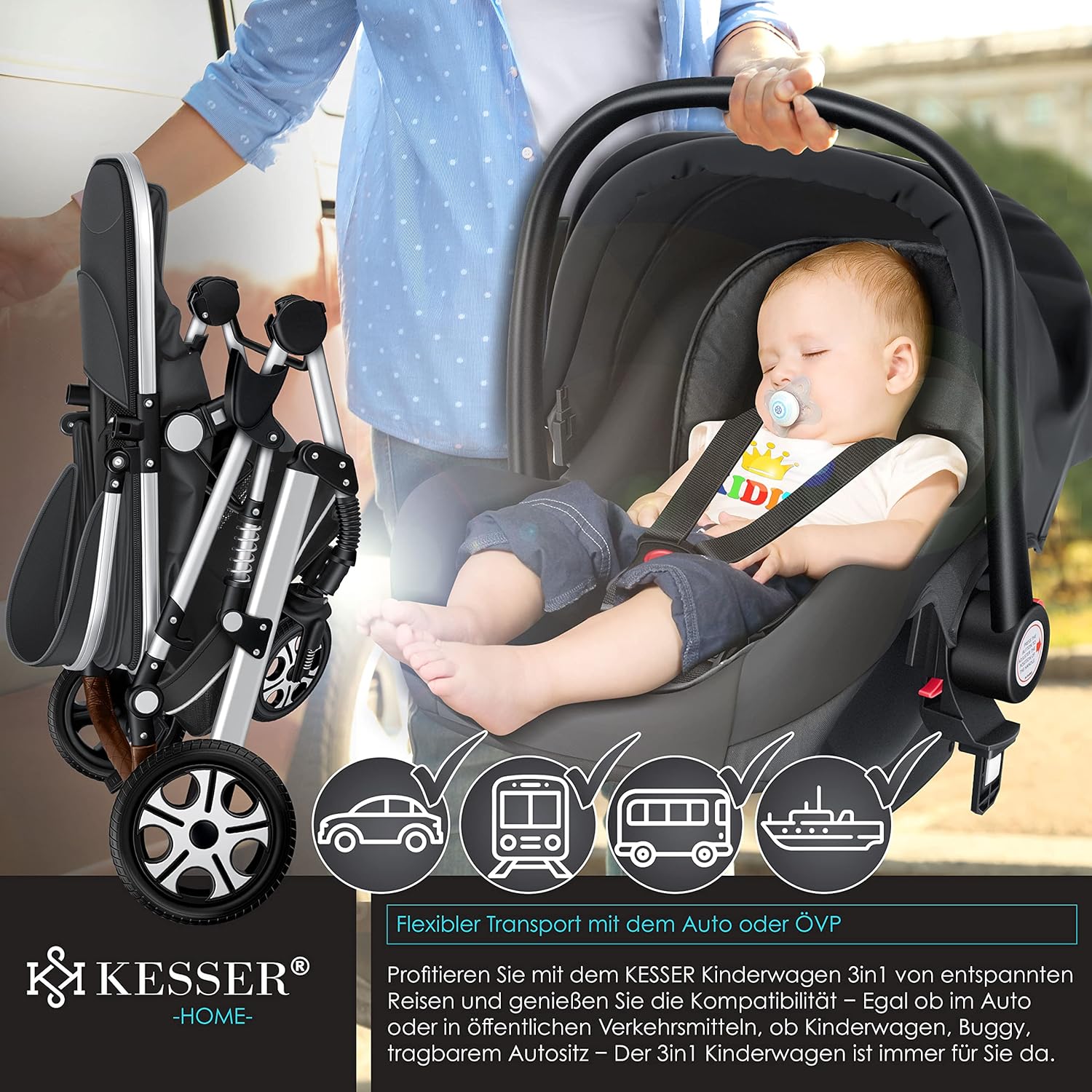 KESSER® Loops 3 in 1 Kinderwagen Kombikinderwagen Komplett-Set inkl. Babywanne & Buggy Sportsitz & Auto-Babyschale Voll-Gummireifen Wickeltasche Regenschutz Kindertisch ECE R129, Schwarz/Schwarz