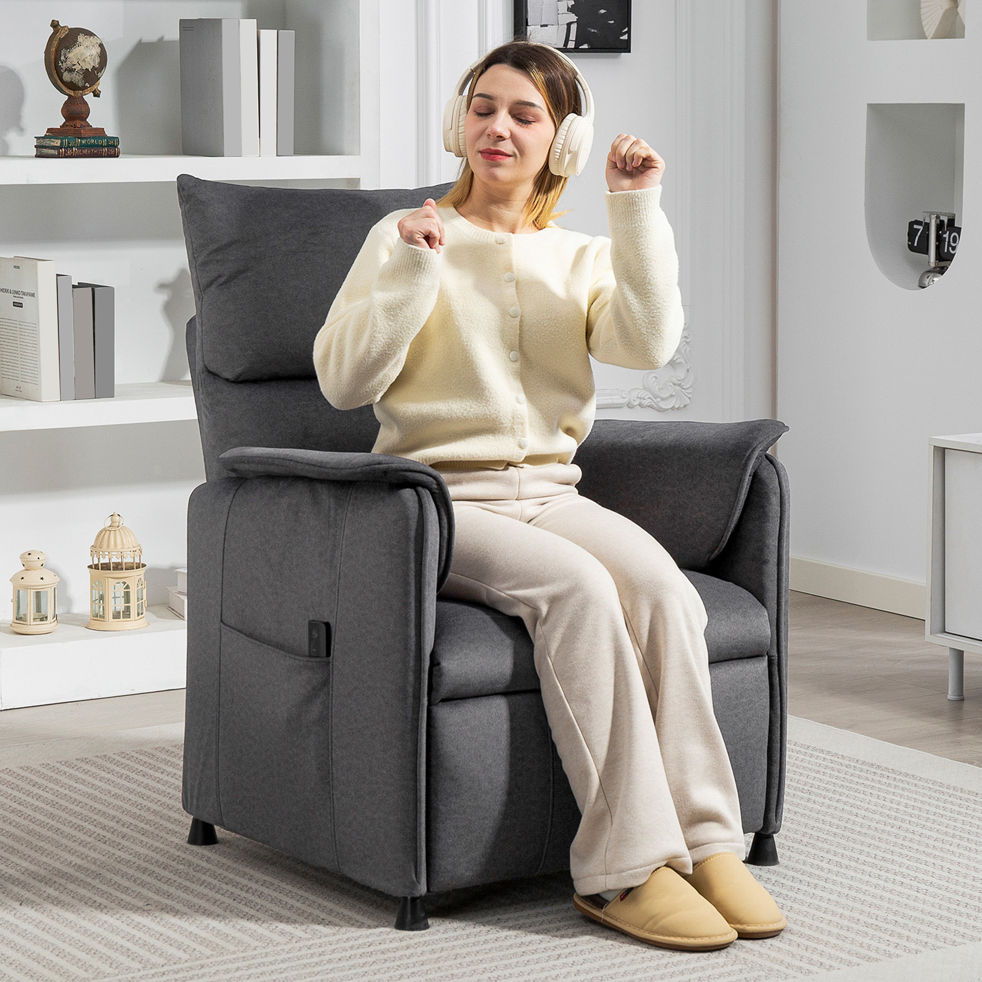 HOMCOM Elektrischer Relaxsessel mit Fernbedienung und Fußstütze, aus Samtstoff, 80x83x104 cm, Schwarz