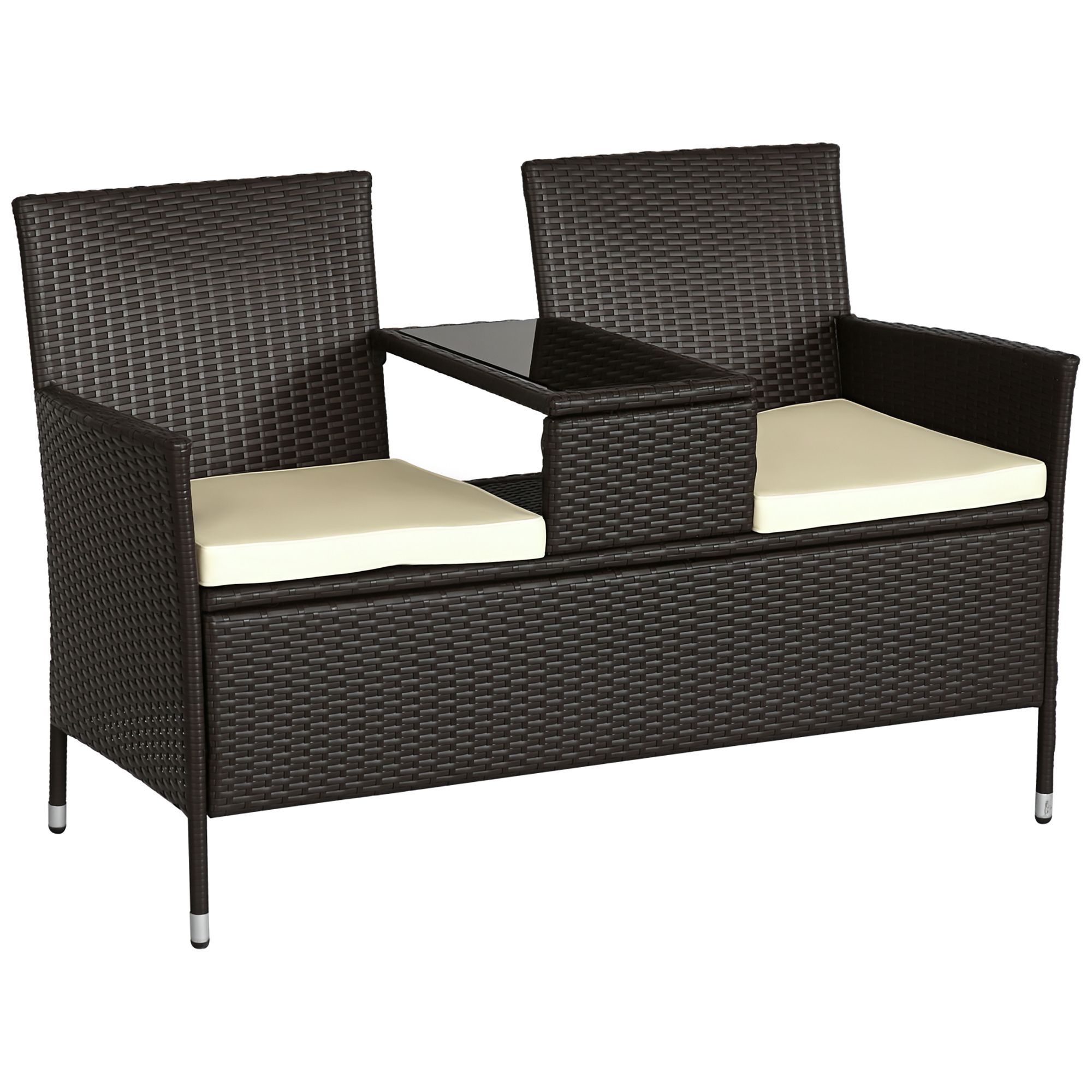 Outsunny Gartenbank Polyrattan 2-Sitzer UV-beständig Sitzbank mit Tisch Kissen Rückenlehne Gartenmöbel Parkbank bis 240kg belastbar Balkonbank für Garten Terrasse Balkon 133x63x84cm, Braun