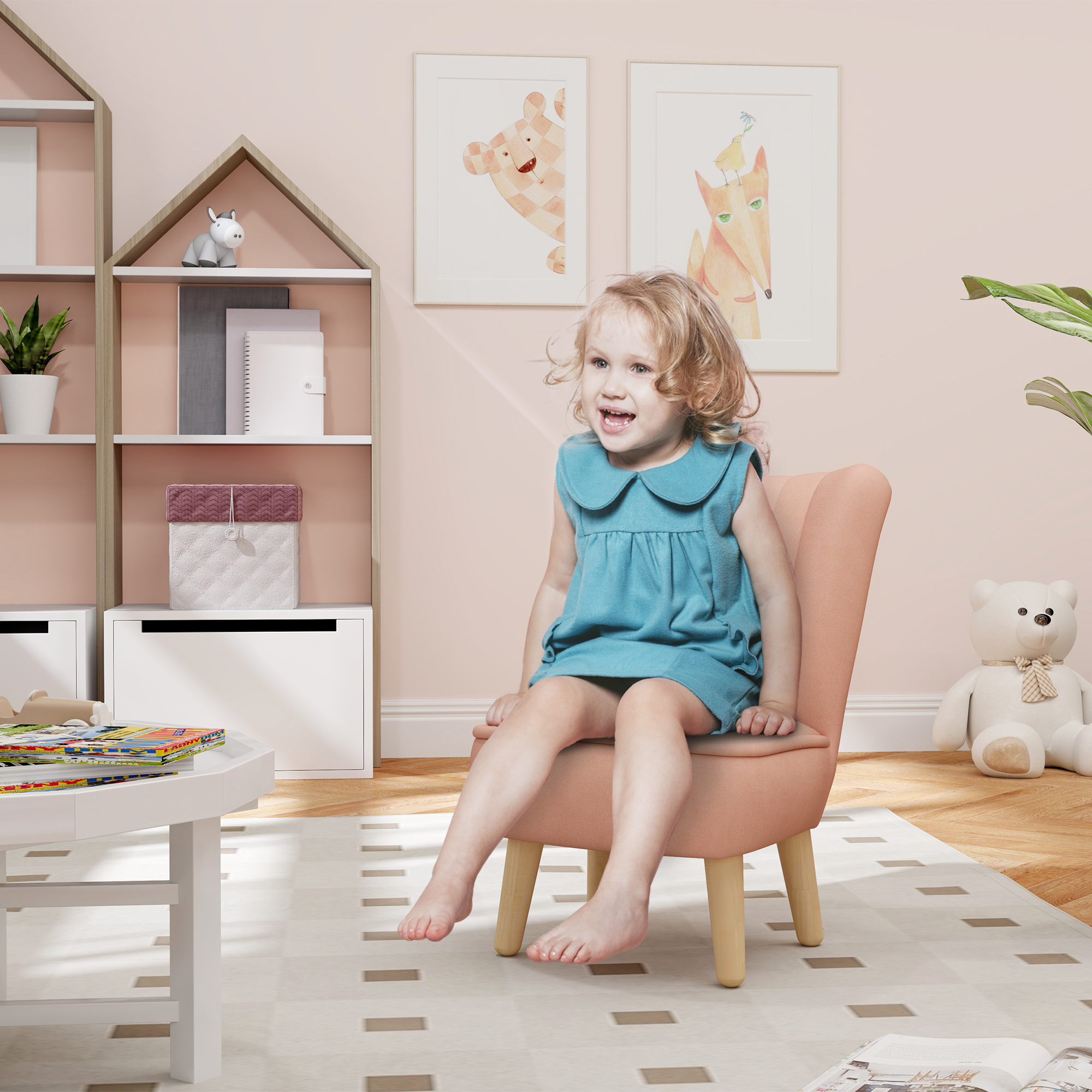 AIYAPLAY Kindersessel, Samtoptik, für 3-7 Jahre, bis 45 kg, Holzgestell, 44x45x56,5cm, Pink