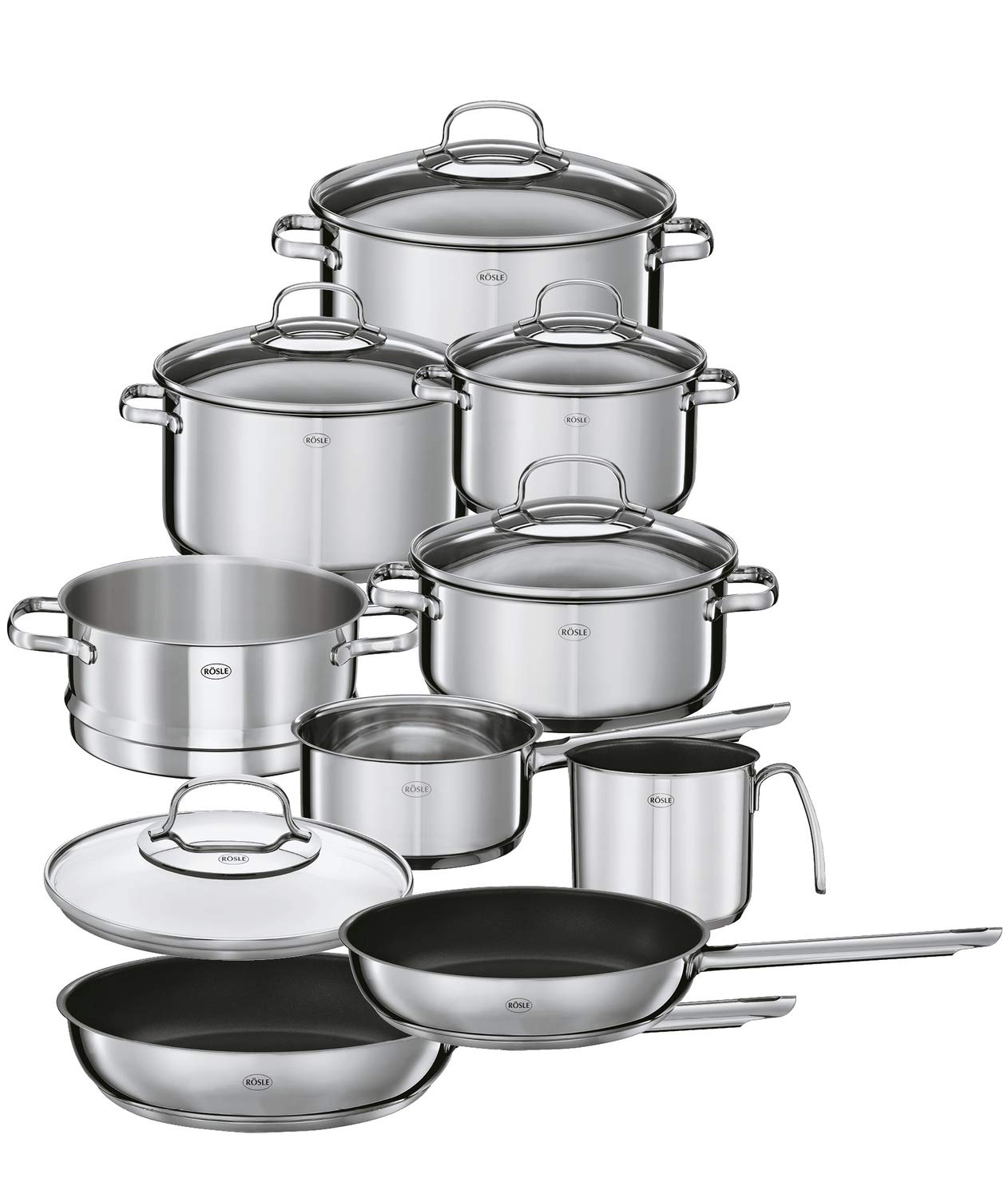 Rösle Elegance Topfset 10tlg aus Edelstahl 18/10 mit Glasdeckel für alle Herdarten induktionsgeeignet